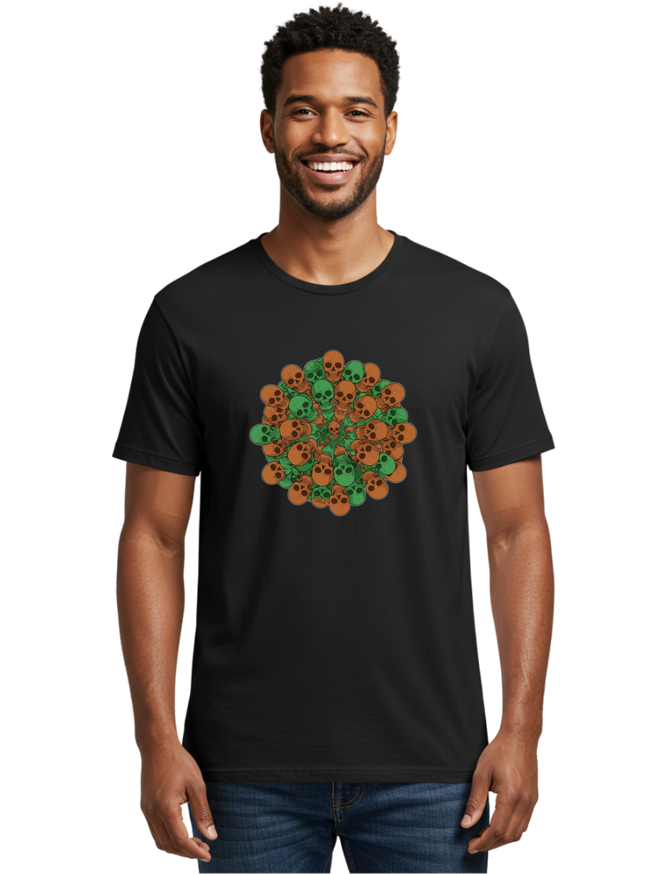 Skull-Cluster-2 Men'S Graphic Tee, 100% Cotton, Comfortable Casual Summer Wear, Machine Washable, Cluster Of Skulls, Orange And Green Skulls, Skull Illustration, Skull Design, Mortality Symbol, Death Theme, Gothic Art, Macabre Imagery Bad582