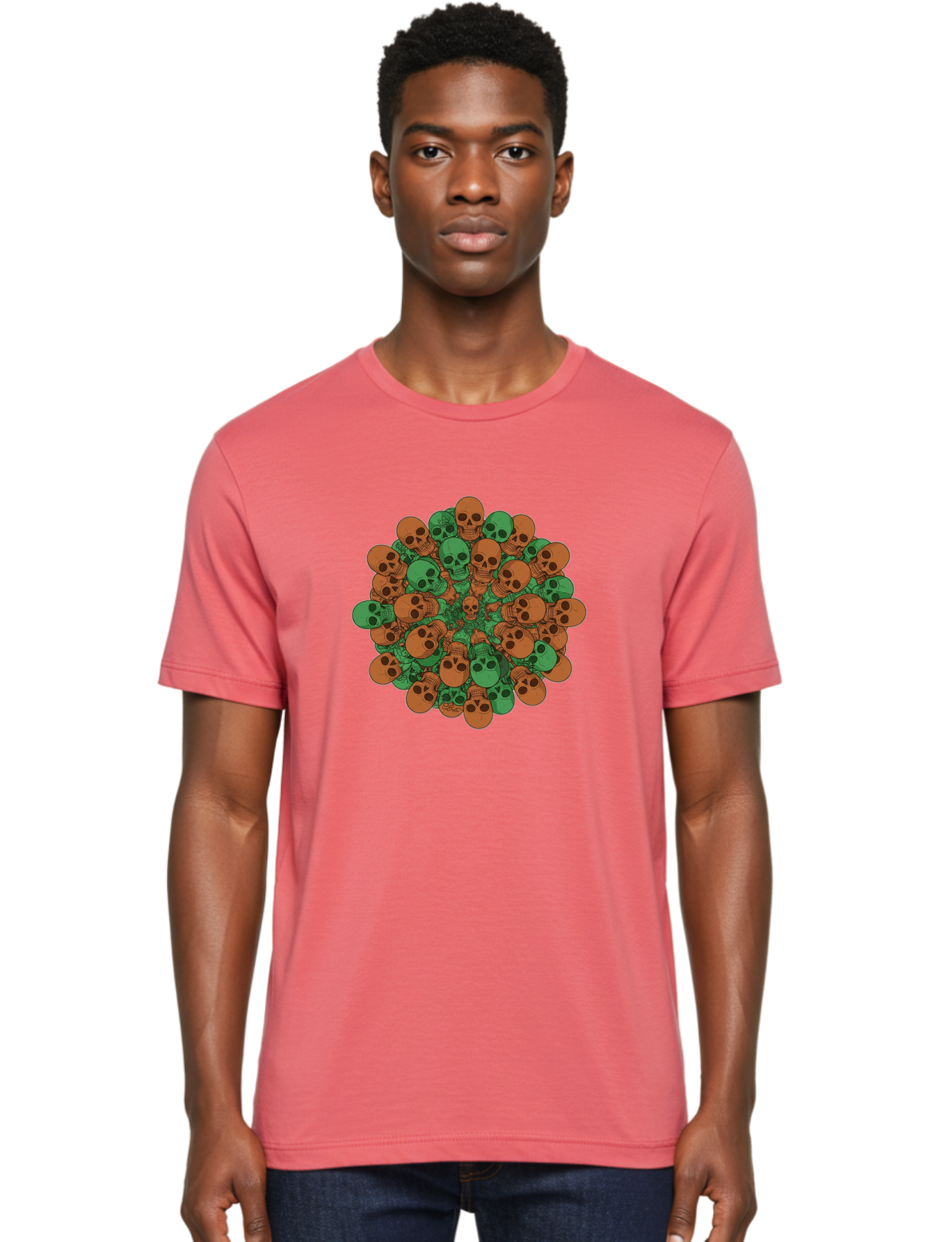 Skull-Cluster-2 Men'S Graphic Tee, 100% Cotton, Comfortable Casual Summer Wear, Machine Washable, Cluster Of Skulls, Orange And Green Skulls, Skull Illustration, Skull Design, Mortality Symbol, Death Theme, Gothic Art, Macabre Imagery Bad582