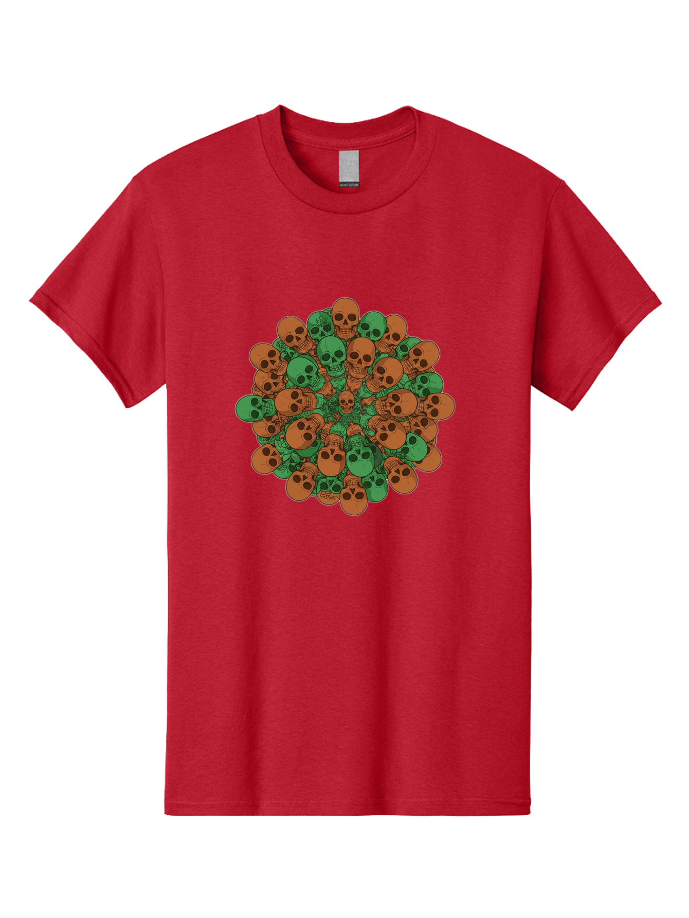 Skull-Cluster-2 Men'S Graphic Tee, 100% Cotton, Comfortable Casual Summer Wear, Machine Washable, Cluster Of Skulls, Orange And Green Skulls, Skull Illustration, Skull Design, Mortality Symbol, Death Theme, Gothic Art, Macabre Imagery Bad582