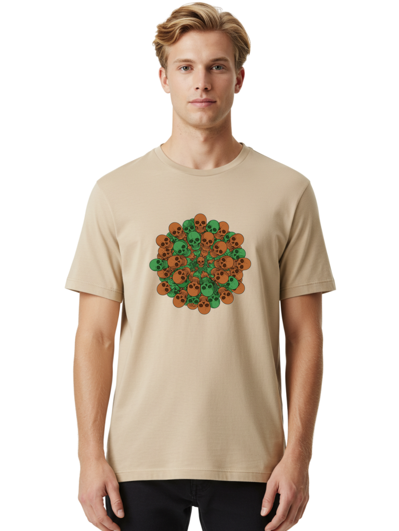 Skull-Cluster-2 Men'S Graphic Tee, 100% Cotton, Comfortable Casual Summer Wear, Machine Washable, Cluster Of Skulls, Orange And Green Skulls, Skull Illustration, Skull Design, Mortality Symbol, Death Theme, Gothic Art, Macabre Imagery Bad582
