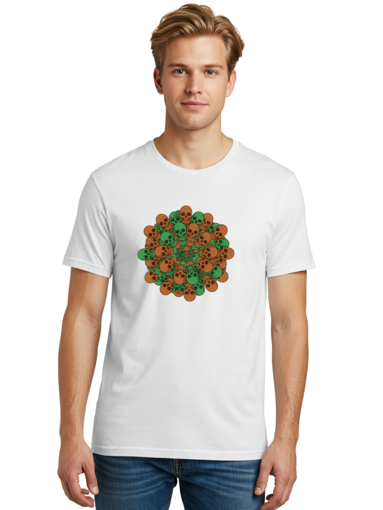 Skull-Cluster-2 Men'S Graphic Tee, 100% Cotton, Comfortable Casual Summer Wear, Machine Washable, Cluster Of Skulls, Orange And Green Skulls, Skull Illustration, Skull Design, Mortality Symbol, Death Theme, Gothic Art, Macabre Imagery Bad582