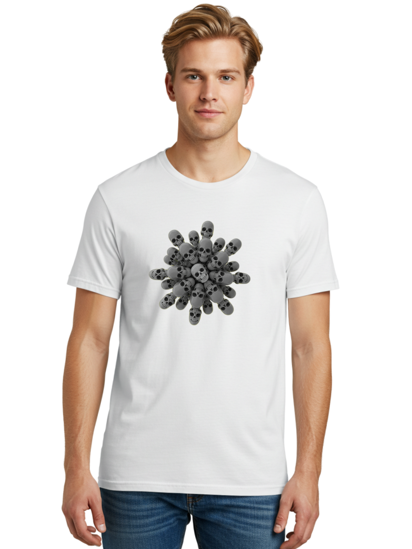 Skull-Cluster Men'S Graphic Tee, 100% Cotton, Comfortable Casual Summer Wear, Machine Washable, Cluster Of Gray Skulls, Multiple Skulls, Human Skulls, 3D Rendering, Skull Collection, Dark Art, Horror Theme, Macabre Symbolism, Death Imagery Bad583