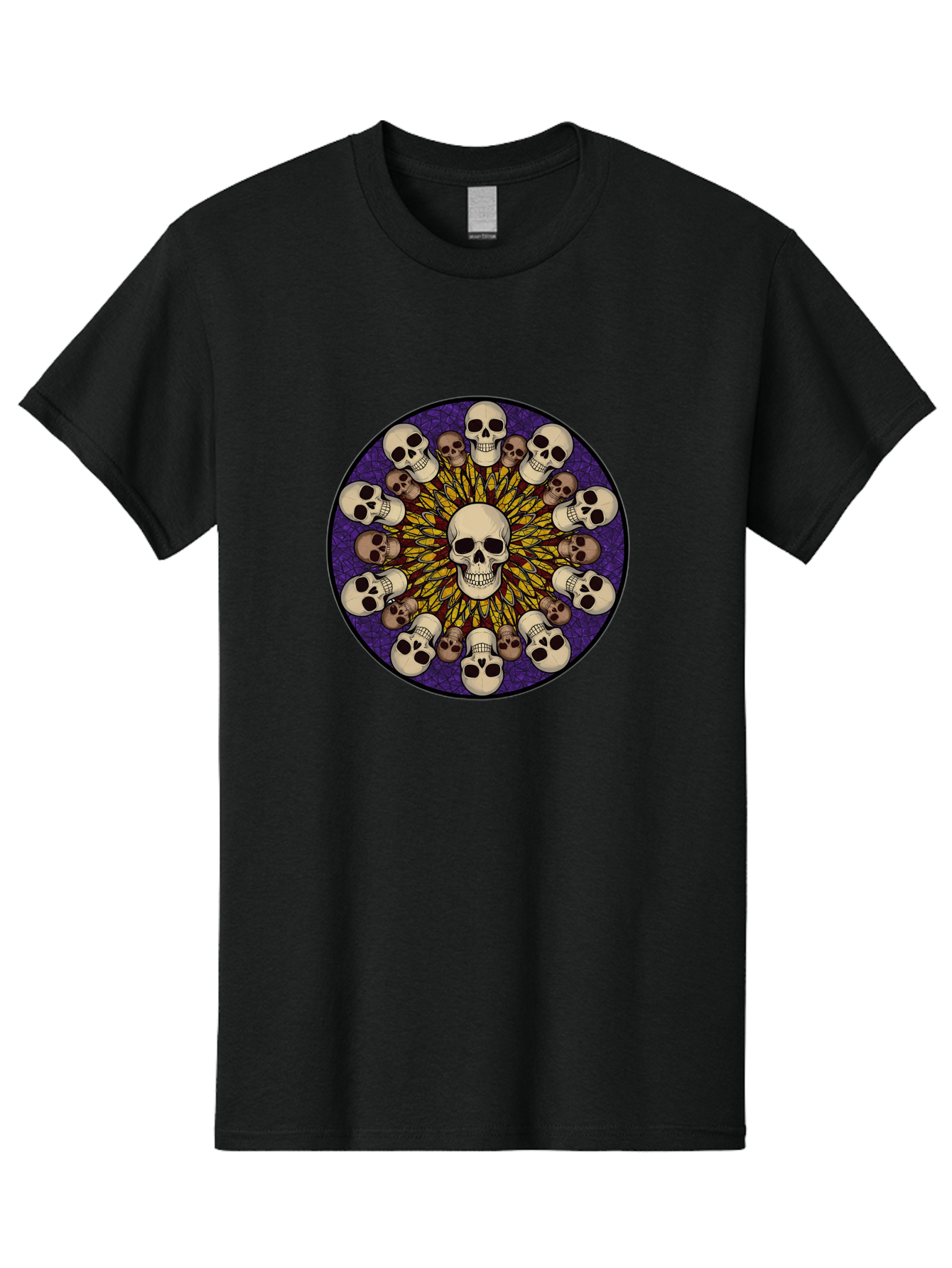 Skull-Explosion Men'S Graphic Tee, 100% Cotton, Comfortable Casual Summer Wear, Machine Washable, Skull Mandala, Human Skulls, Intricate Design, Purple Background, Abstract Art, Alternative Culture, Gothic Art, Yellow Rays, Circle Pattern, Bad584