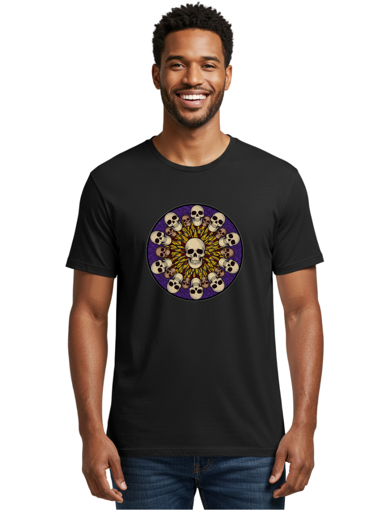 Skull-Explosion Men'S Graphic Tee, 100% Cotton, Comfortable Casual Summer Wear, Machine Washable, Skull Mandala, Human Skulls, Intricate Design, Purple Background, Abstract Art, Alternative Culture, Gothic Art, Yellow Rays, Circle Pattern, Bad584