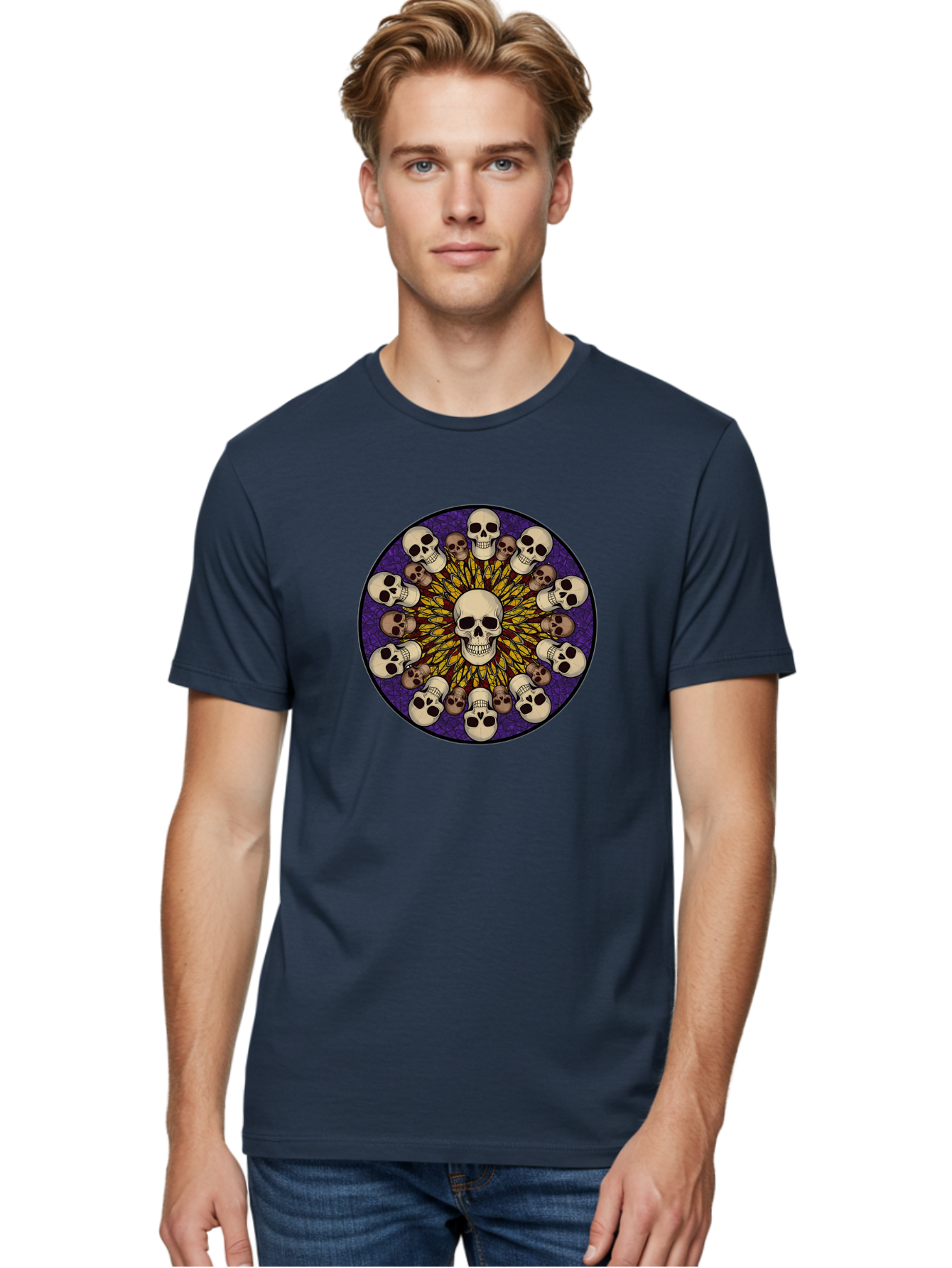 Skull-Explosion Men'S Graphic Tee, 100% Cotton, Comfortable Casual Summer Wear, Machine Washable, Skull Mandala, Human Skulls, Intricate Design, Purple Background, Abstract Art, Alternative Culture, Gothic Art, Yellow Rays, Circle Pattern, Bad584