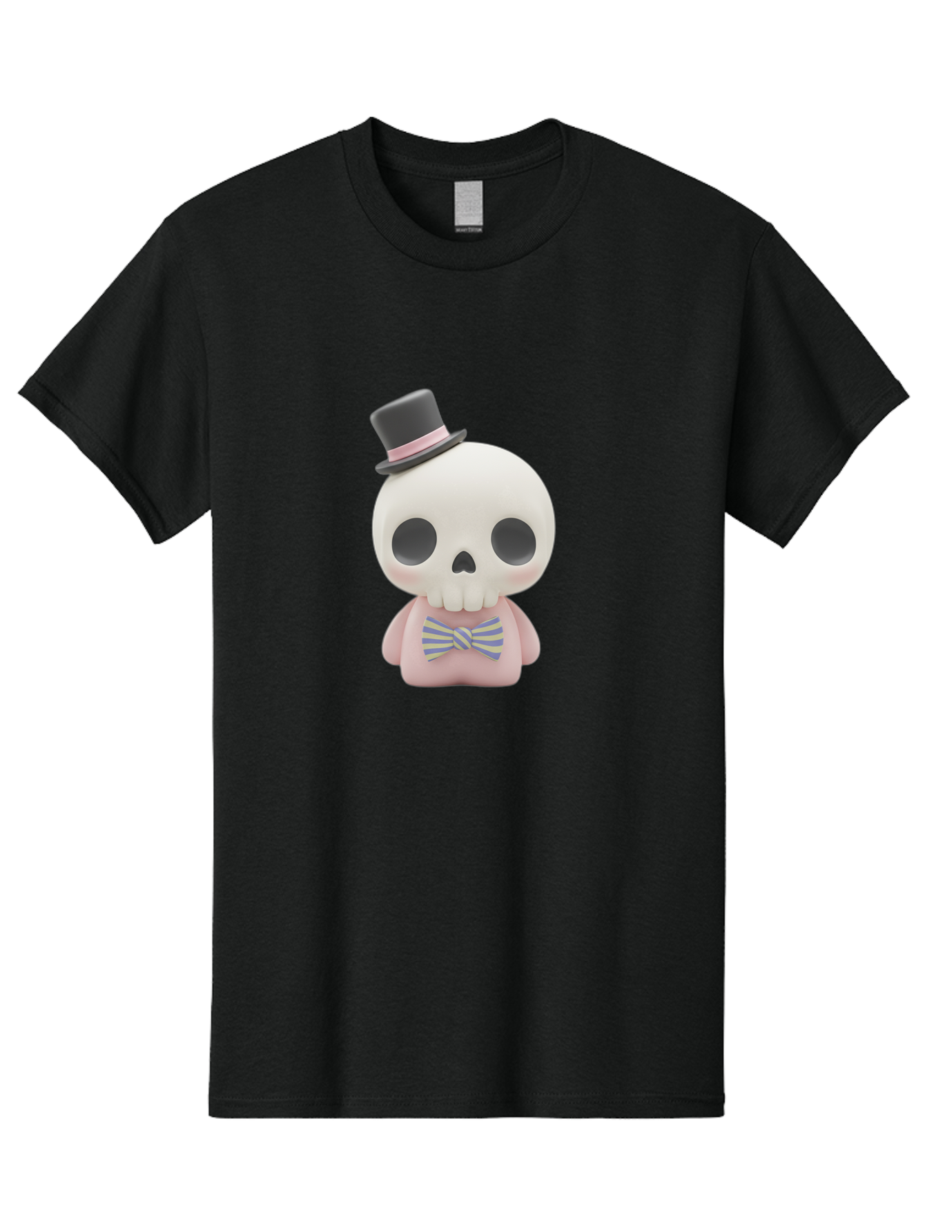 Skull-Figurine Men'S Graphic Tee, 100% Cotton, Comfortable Casual Summer Wear, Machine Washable, Skull Toy, Figurine With Top Hat, Bow Tie, Pink Shirt, Cartoon Character, Novelty Item, Quirky Decor, Funny Gift, Pastel Colors, Humorous Design, Bad585