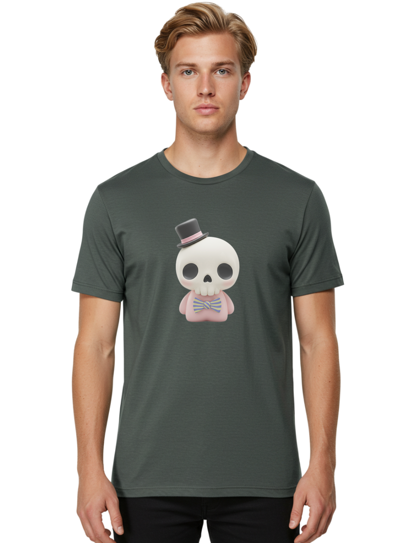 Skull-Figurine Men'S Graphic Tee, 100% Cotton, Comfortable Casual Summer Wear, Machine Washable, Skull Toy, Figurine With Top Hat, Bow Tie, Pink Shirt, Cartoon Character, Novelty Item, Quirky Decor, Funny Gift, Pastel Colors, Humorous Design, Bad585