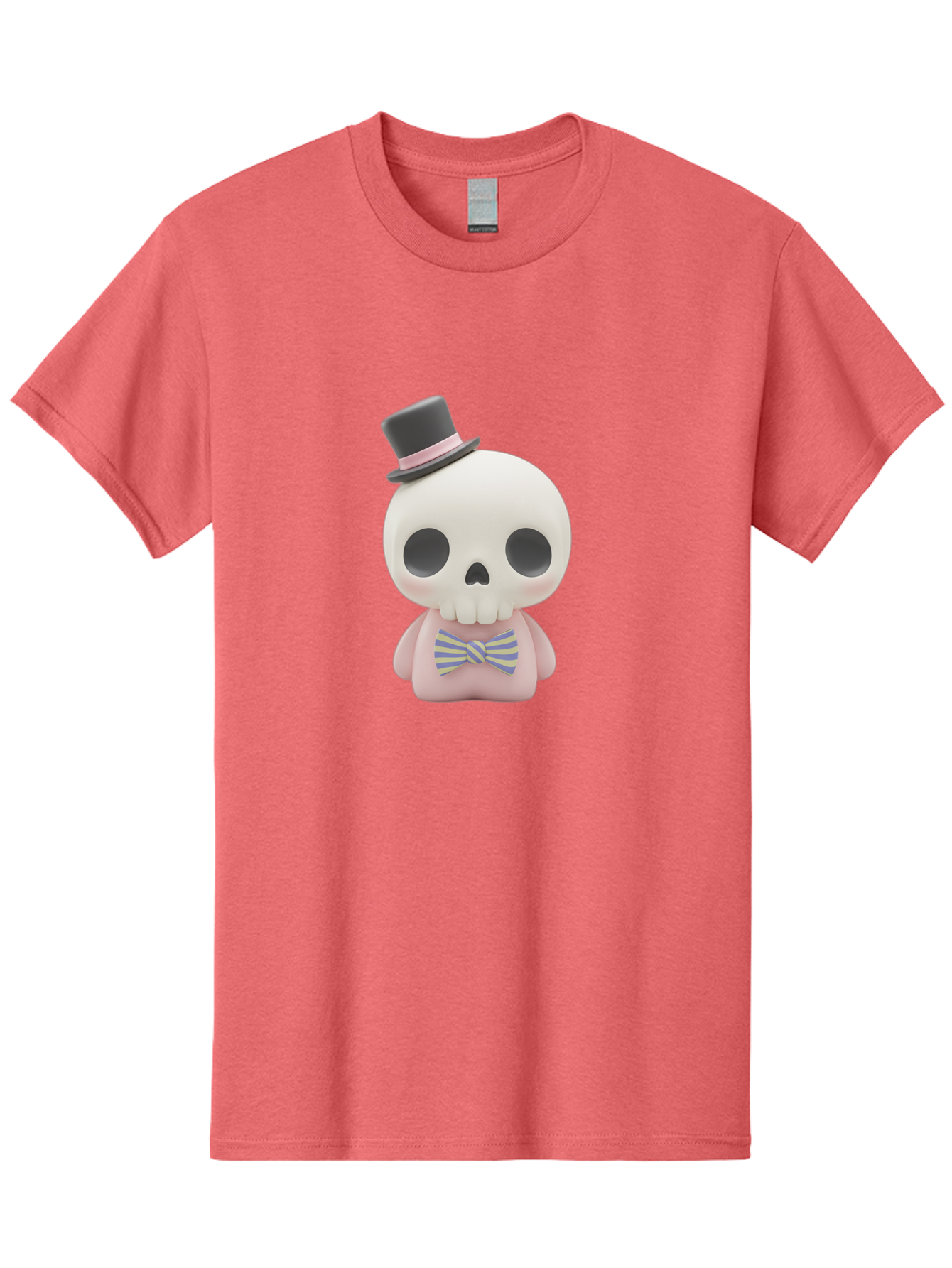 Skull-Figurine Men'S Graphic Tee, 100% Cotton, Comfortable Casual Summer Wear, Machine Washable, Skull Toy, Figurine With Top Hat, Bow Tie, Pink Shirt, Cartoon Character, Novelty Item, Quirky Decor, Funny Gift, Pastel Colors, Humorous Design, Bad585
