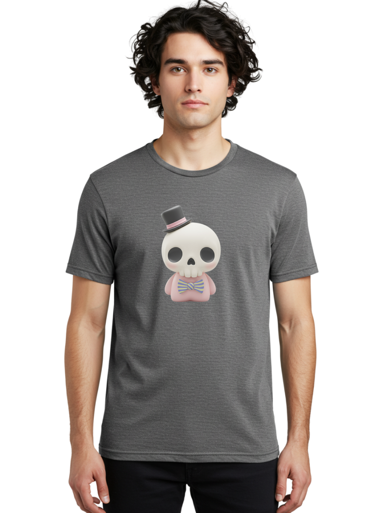 Skull-Figurine Men'S Graphic Tee, 100% Cotton, Comfortable Casual Summer Wear, Machine Washable, Skull Toy, Figurine With Top Hat, Bow Tie, Pink Shirt, Cartoon Character, Novelty Item, Quirky Decor, Funny Gift, Pastel Colors, Humorous Design, Bad585