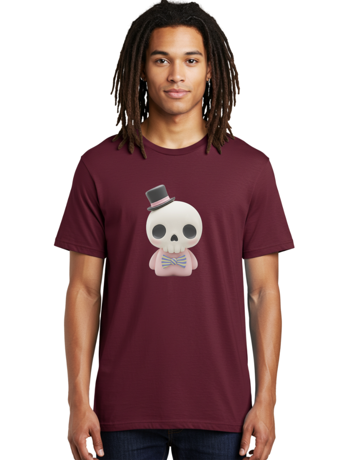 Skull-Figurine Men'S Graphic Tee, 100% Cotton, Comfortable Casual Summer Wear, Machine Washable, Skull Toy, Figurine With Top Hat, Bow Tie, Pink Shirt, Cartoon Character, Novelty Item, Quirky Decor, Funny Gift, Pastel Colors, Humorous Design, Bad585
