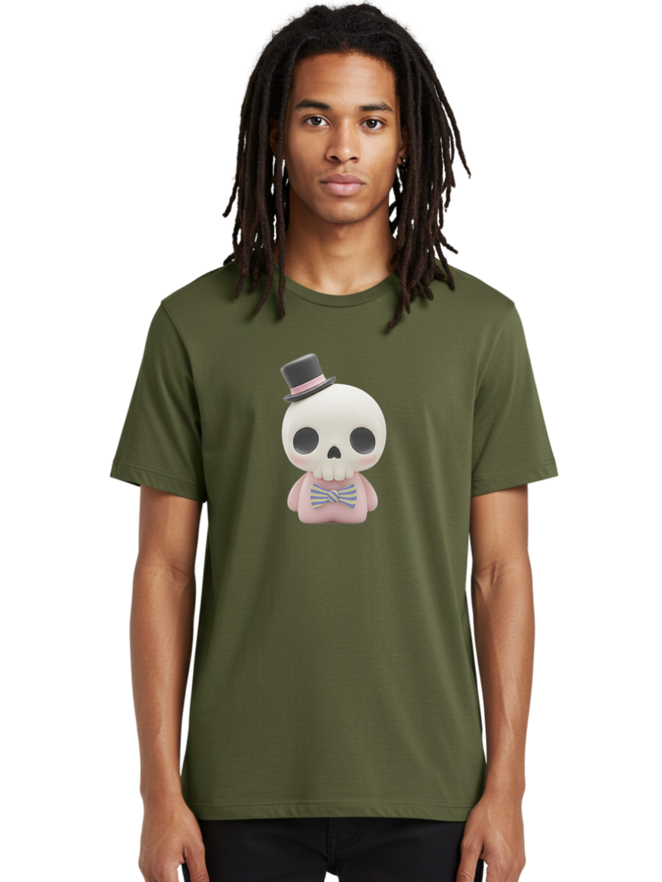 Skull-Figurine Men'S Graphic Tee, 100% Cotton, Comfortable Casual Summer Wear, Machine Washable, Skull Toy, Figurine With Top Hat, Bow Tie, Pink Shirt, Cartoon Character, Novelty Item, Quirky Decor, Funny Gift, Pastel Colors, Humorous Design, Bad585