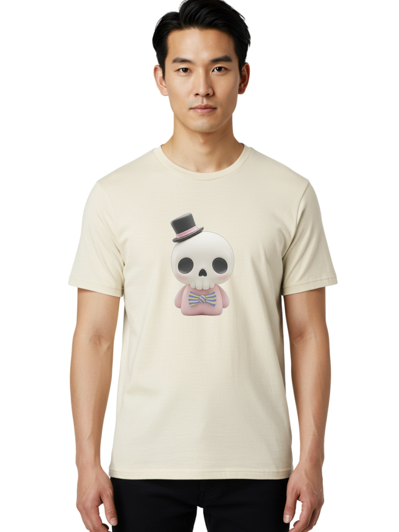 Skull-Figurine Men'S Graphic Tee, 100% Cotton, Comfortable Casual Summer Wear, Machine Washable, Skull Toy, Figurine With Top Hat, Bow Tie, Pink Shirt, Cartoon Character, Novelty Item, Quirky Decor, Funny Gift, Pastel Colors, Humorous Design, Bad585
