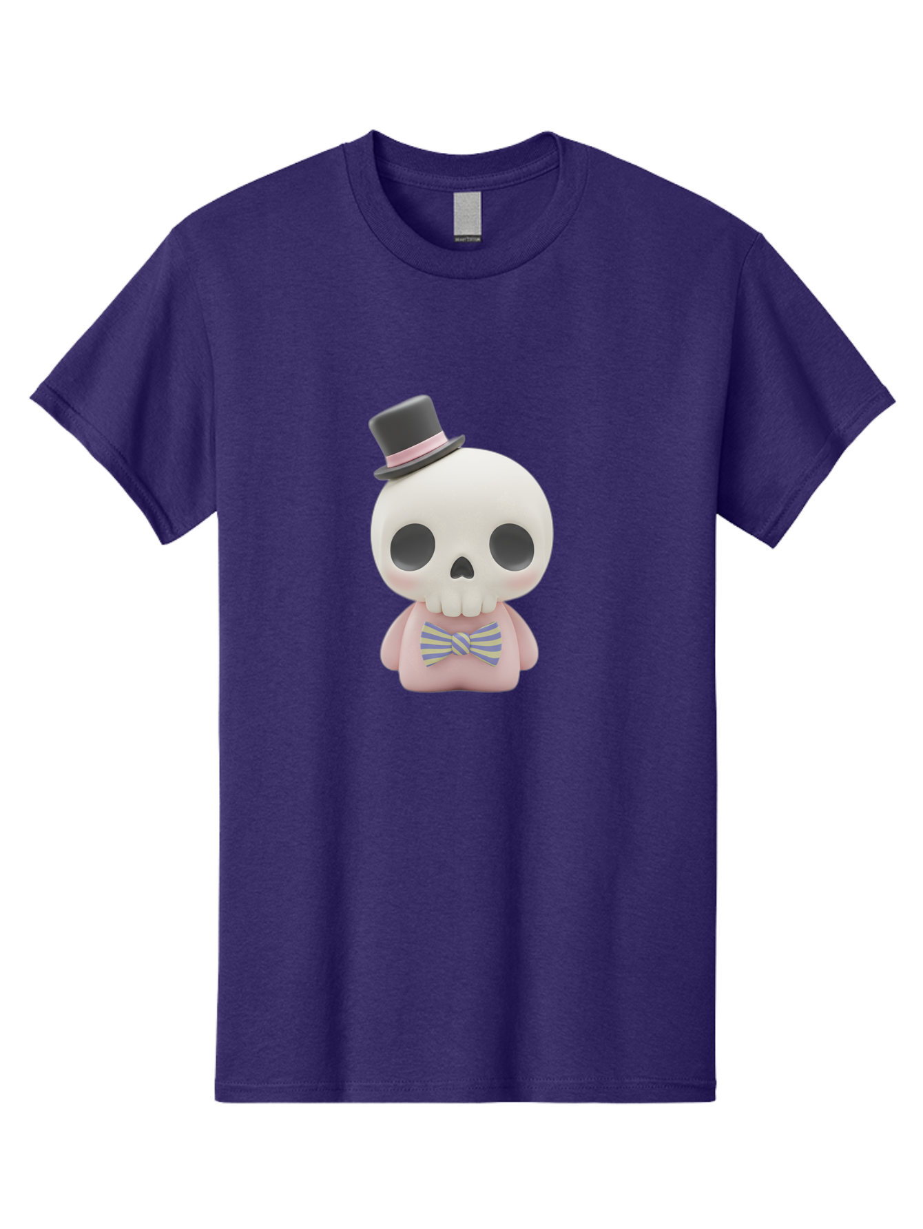 Skull-Figurine Men'S Graphic Tee, 100% Cotton, Comfortable Casual Summer Wear, Machine Washable, Skull Toy, Figurine With Top Hat, Bow Tie, Pink Shirt, Cartoon Character, Novelty Item, Quirky Decor, Funny Gift, Pastel Colors, Humorous Design, Bad585