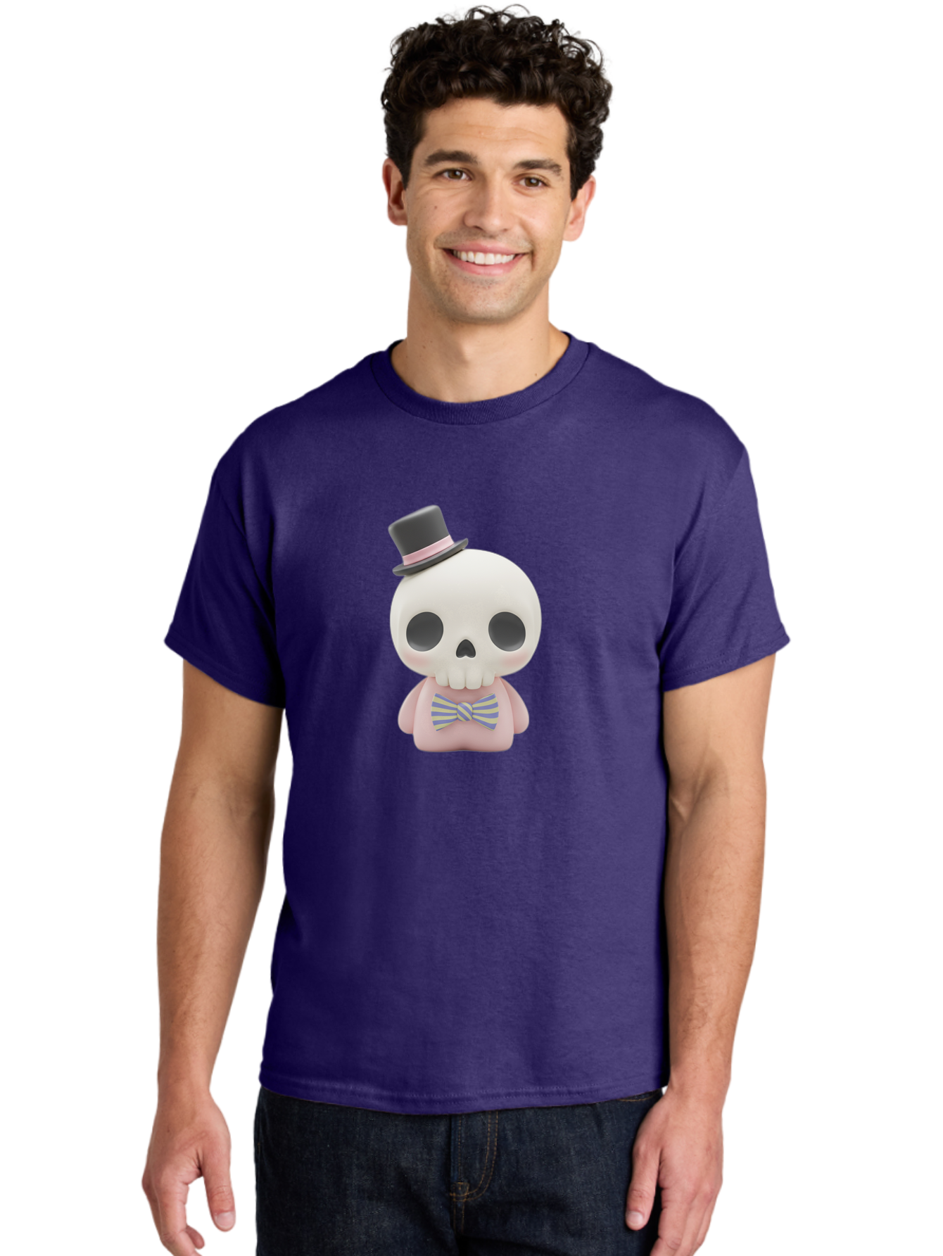 Skull-Figurine Men'S Graphic Tee, 100% Cotton, Comfortable Casual Summer Wear, Machine Washable, Skull Toy, Figurine With Top Hat, Bow Tie, Pink Shirt, Cartoon Character, Novelty Item, Quirky Decor, Funny Gift, Pastel Colors, Humorous Design, Bad585