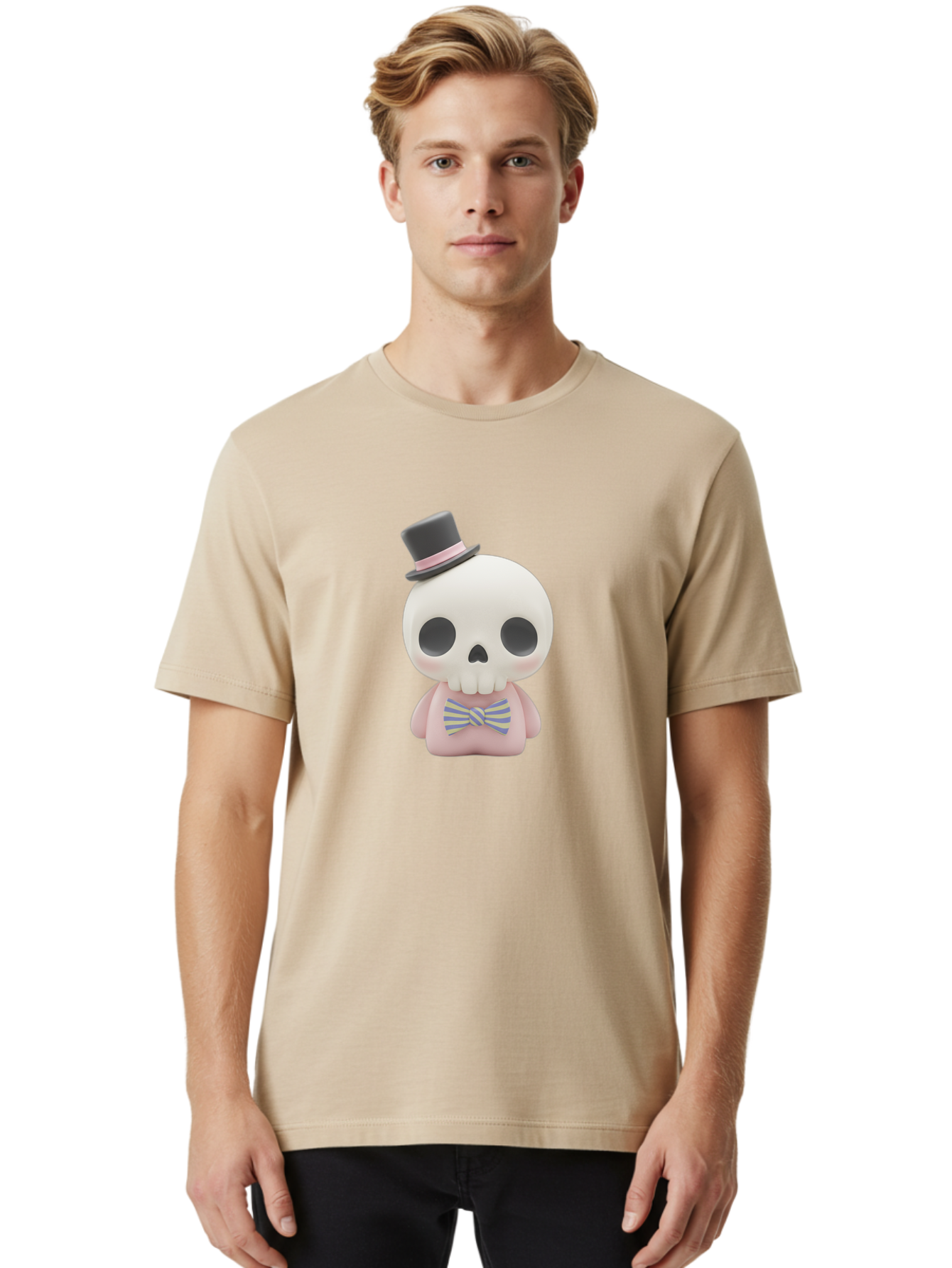 Skull-Figurine Men'S Graphic Tee, 100% Cotton, Comfortable Casual Summer Wear, Machine Washable, Skull Toy, Figurine With Top Hat, Bow Tie, Pink Shirt, Cartoon Character, Novelty Item, Quirky Decor, Funny Gift, Pastel Colors, Humorous Design, Bad585