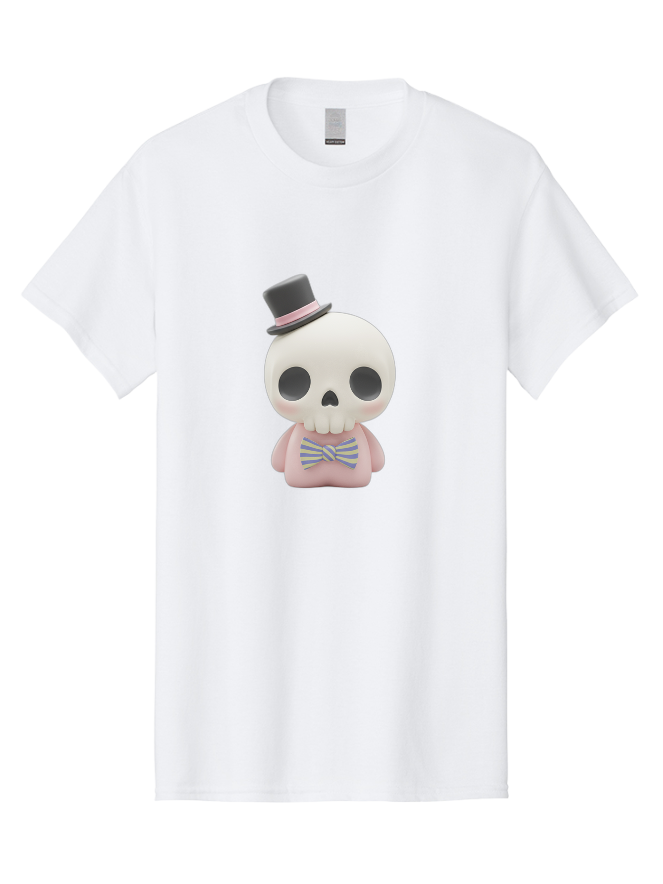 Skull-Figurine Men'S Graphic Tee, 100% Cotton, Comfortable Casual Summer Wear, Machine Washable, Skull Toy, Figurine With Top Hat, Bow Tie, Pink Shirt, Cartoon Character, Novelty Item, Quirky Decor, Funny Gift, Pastel Colors, Humorous Design, Bad585