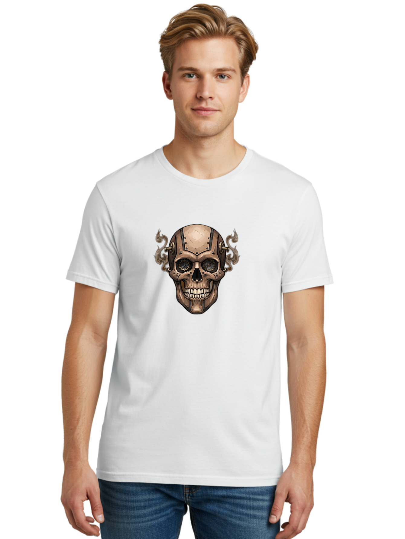 Skull-Head Men'S Graphic Tee, 100% Cotton, Comfortable Casual Summer Wear, Machine Washable, Cyberpunk Skull, Steampunk Art, Mechanical Skull, Robotic Skull, Metallic Skeleton, Futuristic Design, Industrial Tech, Sci-Fi, Bad586