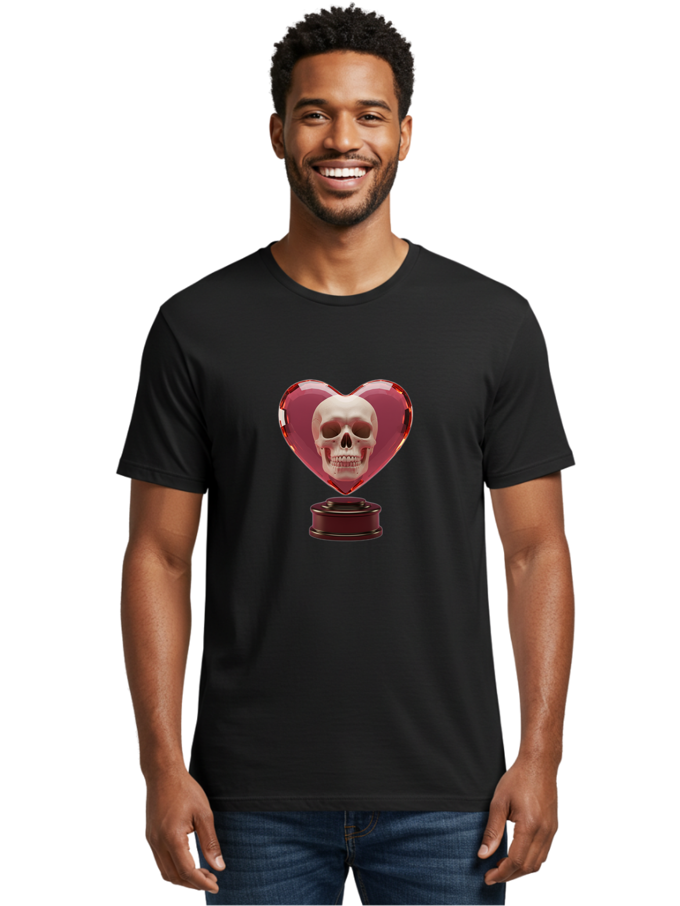 Skull-Heart-Trophy Men'S Graphic Tee, 100% Cotton, Comfortable Casual Summer Wear, Machine Washable, Human Skull, Heart-Shaped Frame, Gothic Decor, Dark Art, Strange Art, Unique Collectible, Dark Romance, Gothic Aesthetic, Unusual Trophy Bad587