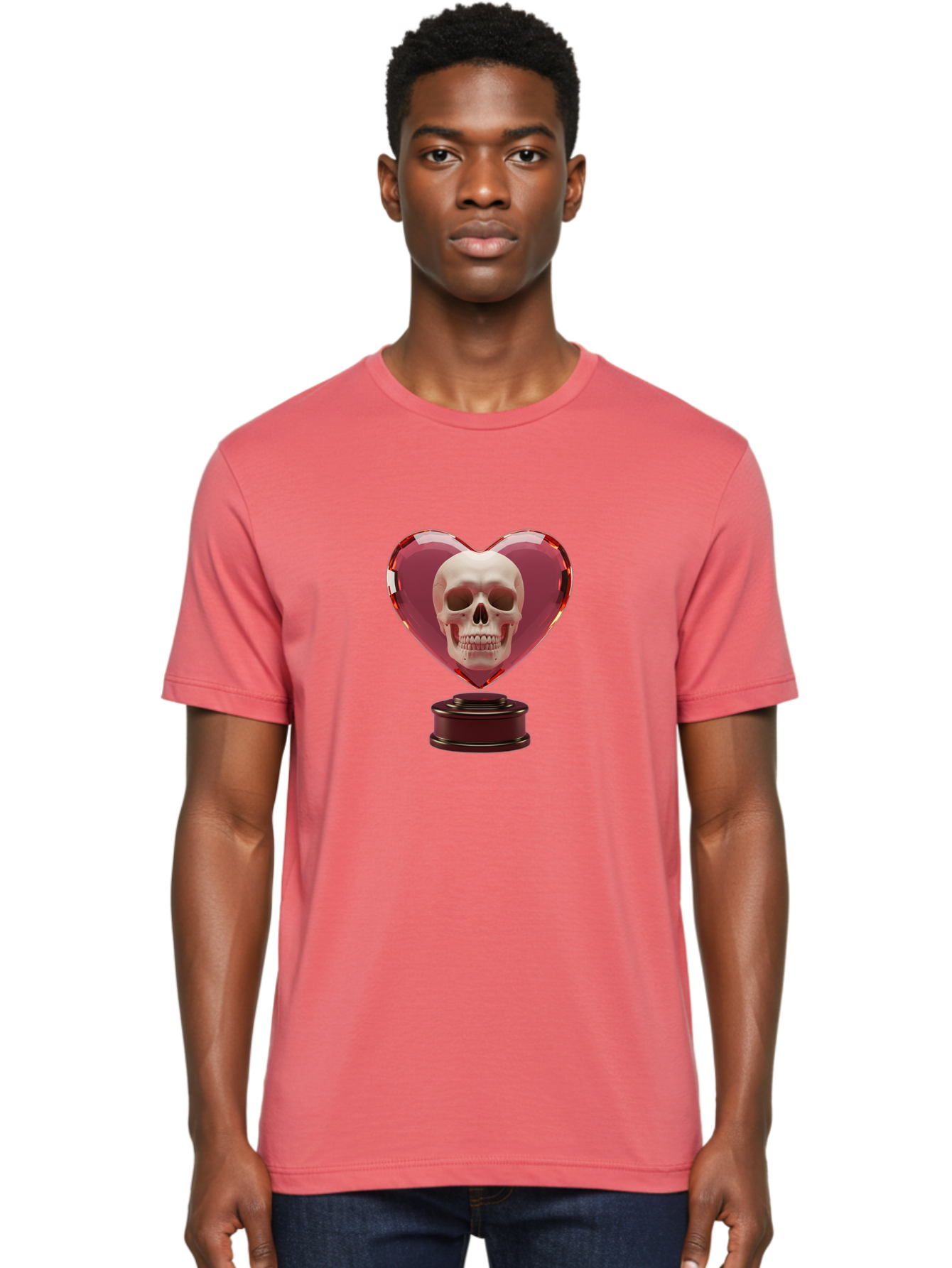 Skull-Heart-Trophy Men'S Graphic Tee, 100% Cotton, Comfortable Casual Summer Wear, Machine Washable, Human Skull, Heart-Shaped Frame, Gothic Decor, Dark Art, Strange Art, Unique Collectible, Dark Romance, Gothic Aesthetic, Unusual Trophy Bad587