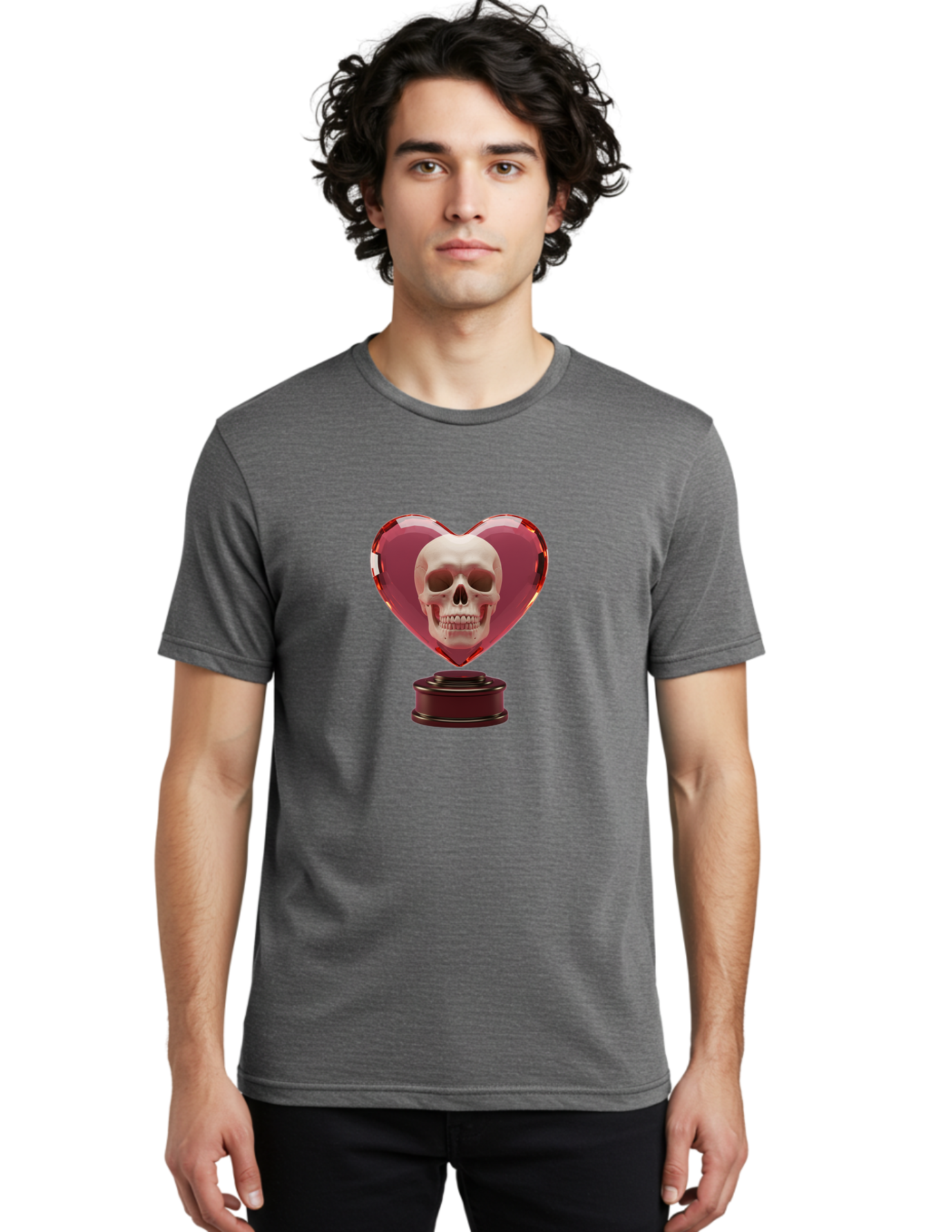 Skull-Heart-Trophy Men'S Graphic Tee, 100% Cotton, Comfortable Casual Summer Wear, Machine Washable, Human Skull, Heart-Shaped Frame, Gothic Decor, Dark Art, Strange Art, Unique Collectible, Dark Romance, Gothic Aesthetic, Unusual Trophy Bad587