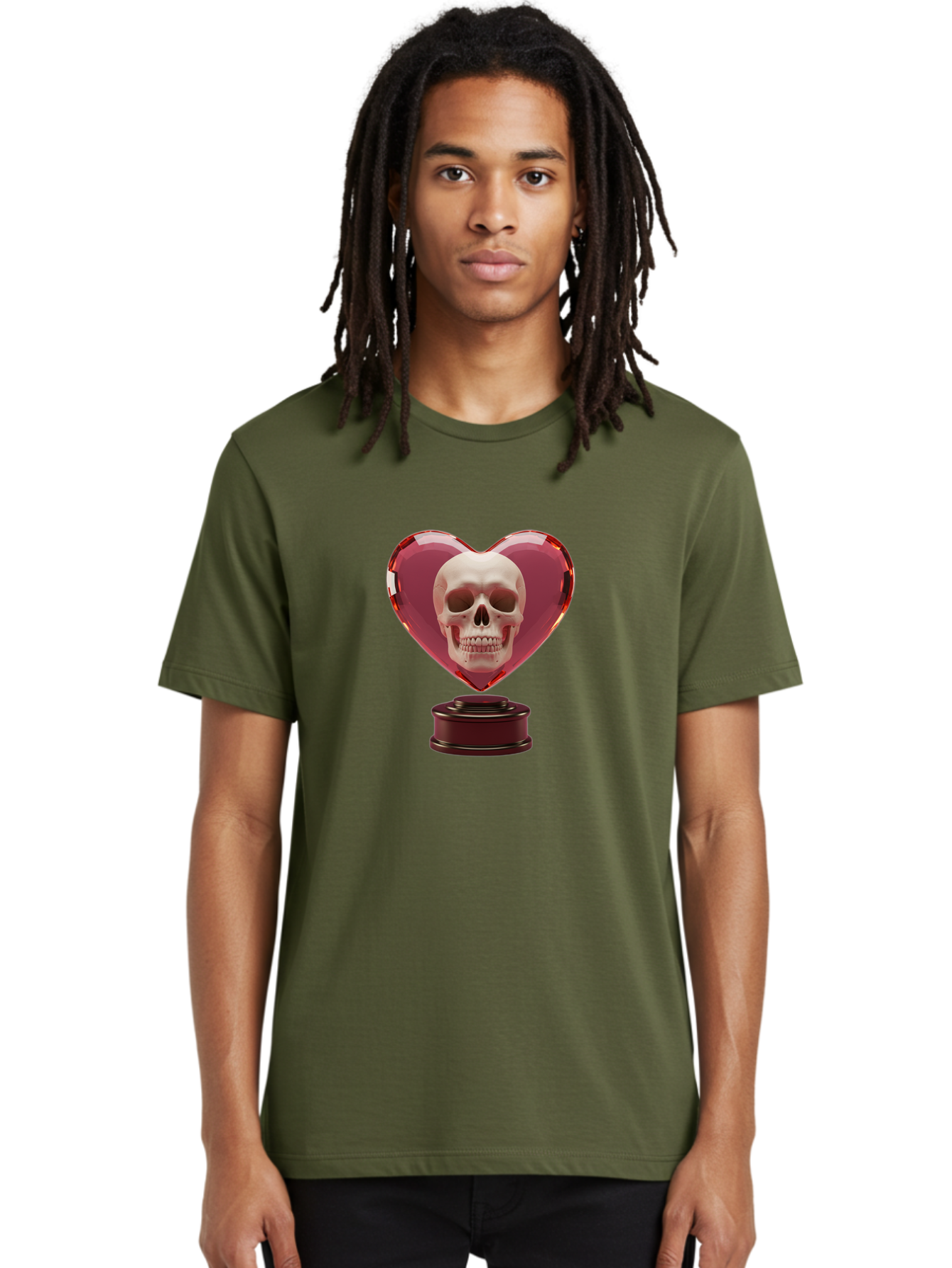 Skull-Heart-Trophy Men'S Graphic Tee, 100% Cotton, Comfortable Casual Summer Wear, Machine Washable, Human Skull, Heart-Shaped Frame, Gothic Decor, Dark Art, Strange Art, Unique Collectible, Dark Romance, Gothic Aesthetic, Unusual Trophy Bad587