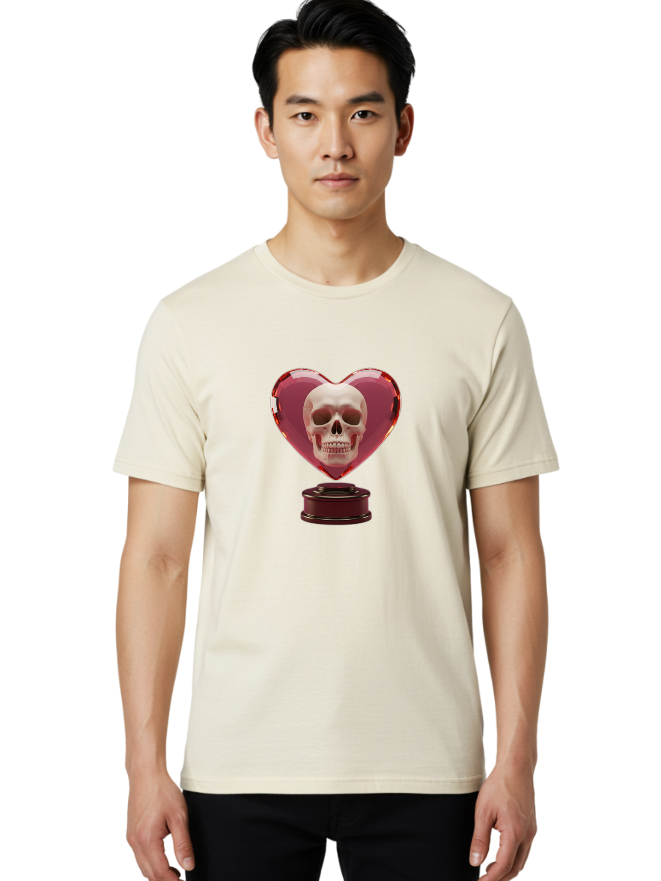 Skull-Heart-Trophy Men'S Graphic Tee, 100% Cotton, Comfortable Casual Summer Wear, Machine Washable, Human Skull, Heart-Shaped Frame, Gothic Decor, Dark Art, Strange Art, Unique Collectible, Dark Romance, Gothic Aesthetic, Unusual Trophy Bad587