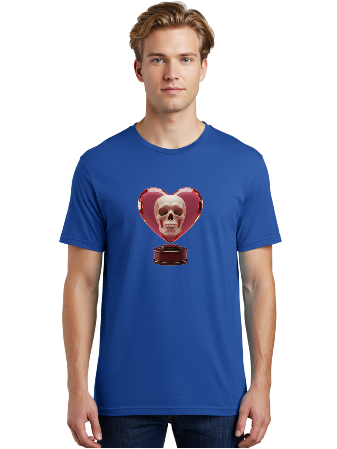 Skull-Heart-Trophy Men'S Graphic Tee, 100% Cotton, Comfortable Casual Summer Wear, Machine Washable, Human Skull, Heart-Shaped Frame, Gothic Decor, Dark Art, Strange Art, Unique Collectible, Dark Romance, Gothic Aesthetic, Unusual Trophy Bad587