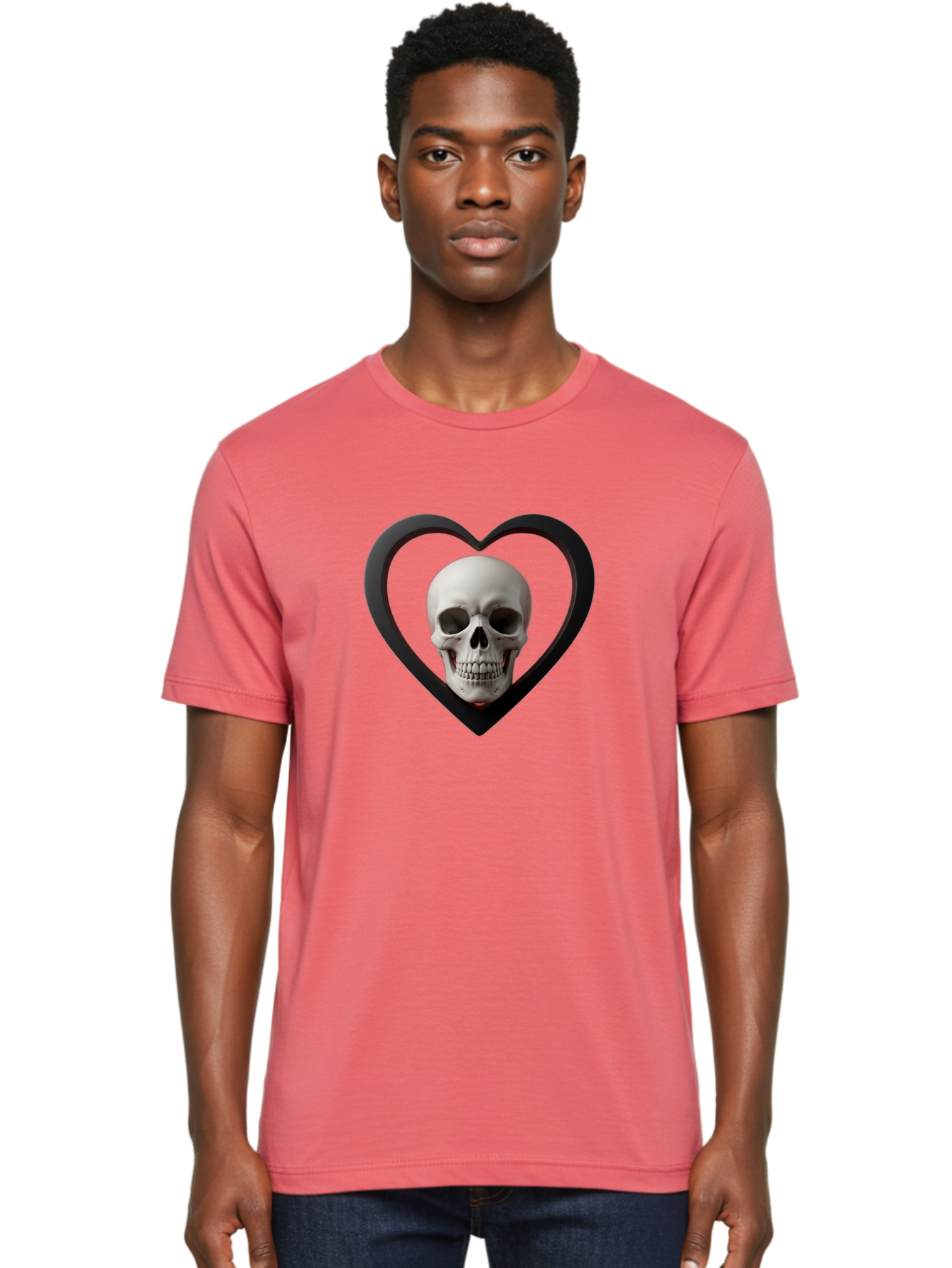 Skull-In-Heart Men'S Graphic Tee, 100% Cotton, Comfortable Casual Summer Wear, Machine Washable, Human Skull, Heart Shape, Black Outline, Gothic Symbolism, Edgy Aesthetic, Dark Art, Skull Art, Heart Frame Bad588
