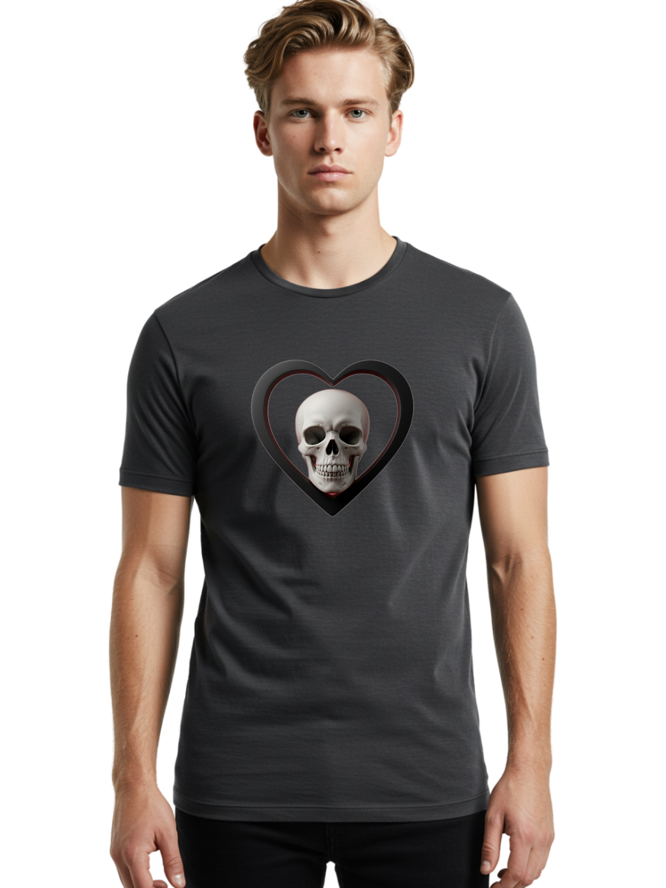 Skull-In-Heart Men'S Graphic Tee, 100% Cotton, Comfortable Casual Summer Wear, Machine Washable, Human Skull, Heart Shape, Black Outline, Gothic Symbolism, Edgy Aesthetic, Dark Art, Skull Art, Heart Frame Bad588