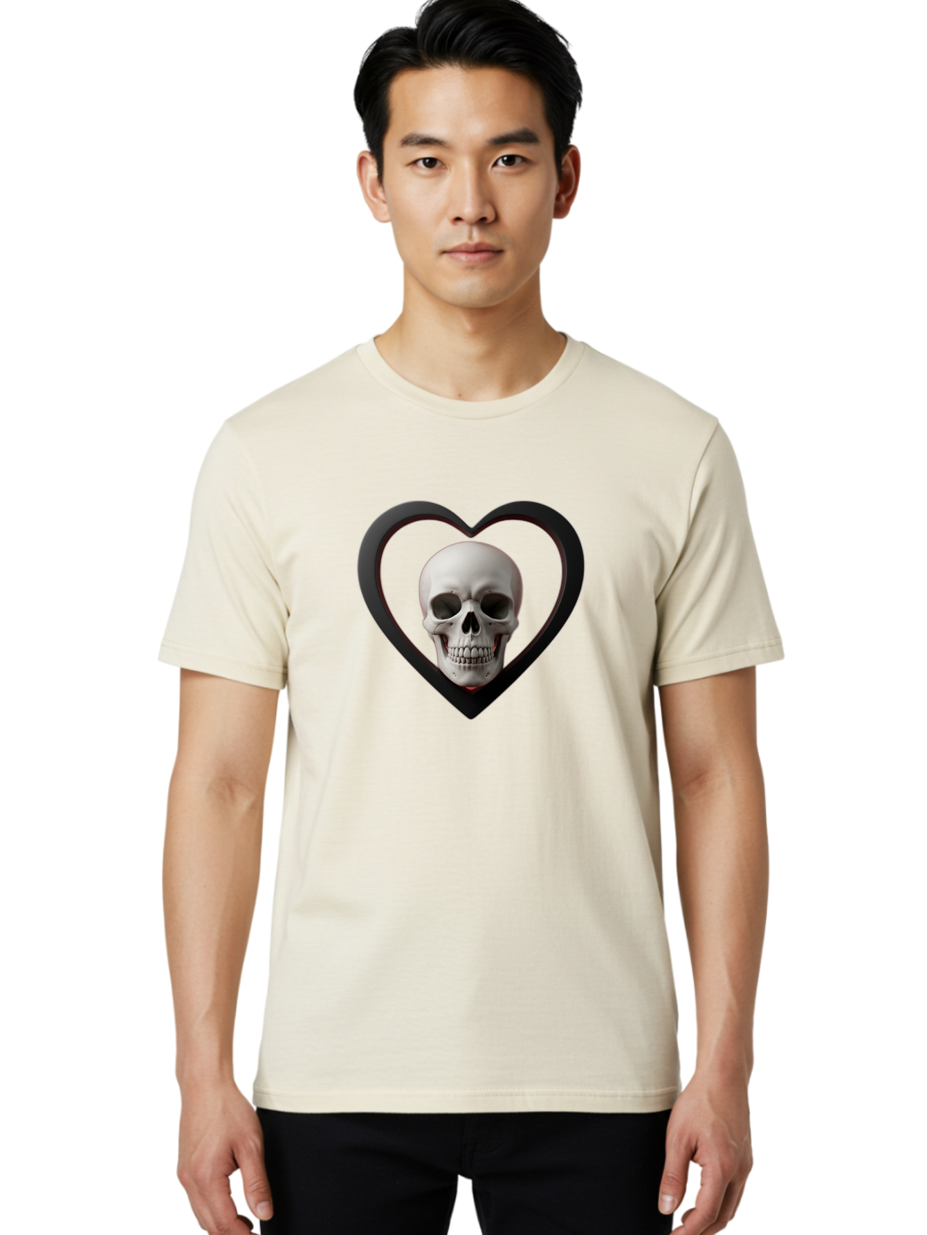 Skull-In-Heart Men'S Graphic Tee, 100% Cotton, Comfortable Casual Summer Wear, Machine Washable, Human Skull, Heart Shape, Black Outline, Gothic Symbolism, Edgy Aesthetic, Dark Art, Skull Art, Heart Frame Bad588
