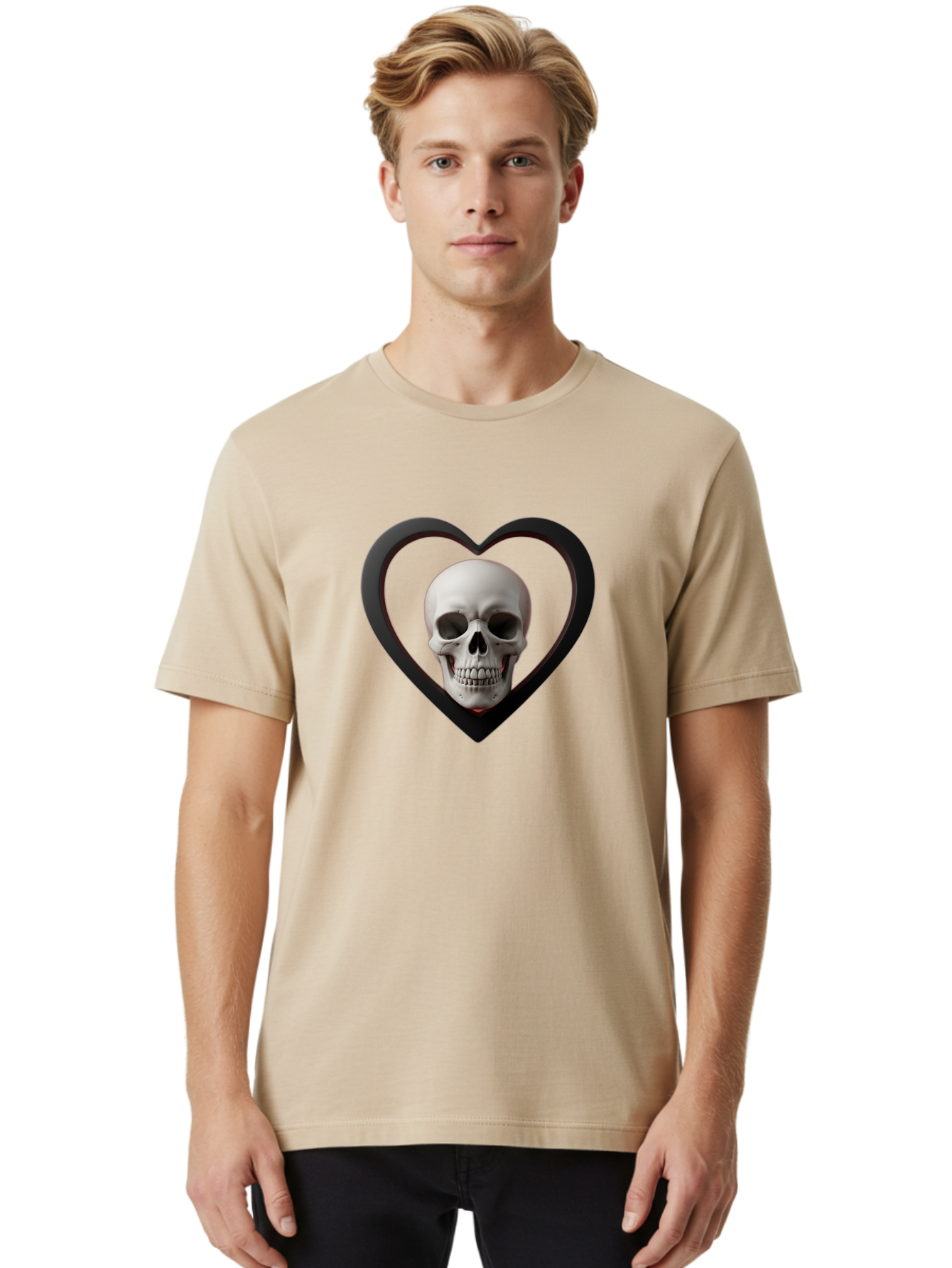 Skull-In-Heart Men'S Graphic Tee, 100% Cotton, Comfortable Casual Summer Wear, Machine Washable, Human Skull, Heart Shape, Black Outline, Gothic Symbolism, Edgy Aesthetic, Dark Art, Skull Art, Heart Frame Bad588