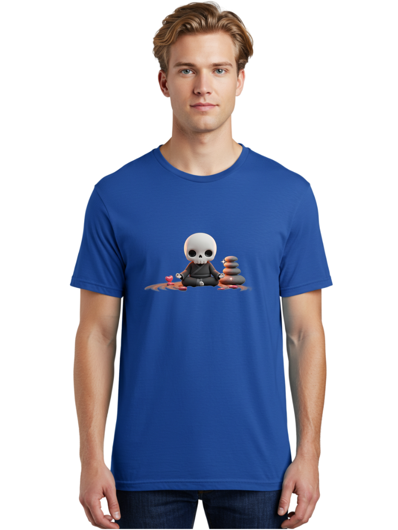 Skull-In-Meditation Men'S Graphic Tee, 100% Cotton, Comfortable Casual Summer Wear, Machine Washable, Meditating Skull, Zen Rocks, Balance And Harmony, Peaceful Atmosphere, Lotus Position, Mindfulness, Meditation, Zen Stones, Calmness, Bad589