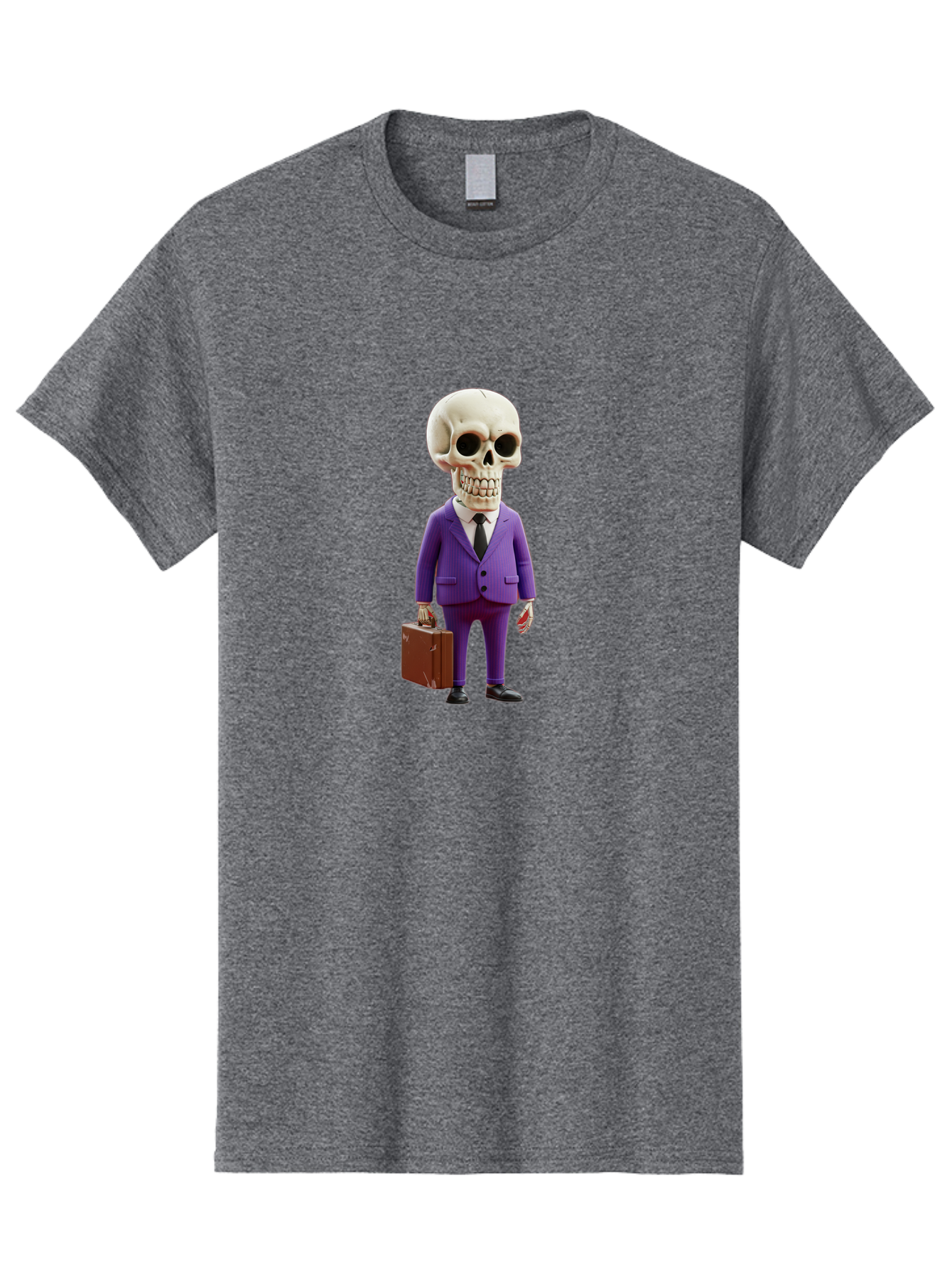 Skull-In-Suit-1 Men'S Graphic Tee, 100% Cotton, Comfortable Casual Summer Wear, Machine Washable, Skeleton In Purple Suit, Briefcase In Hand, Corporate Attire, Skeleton Character, Business Skull, Formal Wear, Human Skull, Office Setting, Bad590