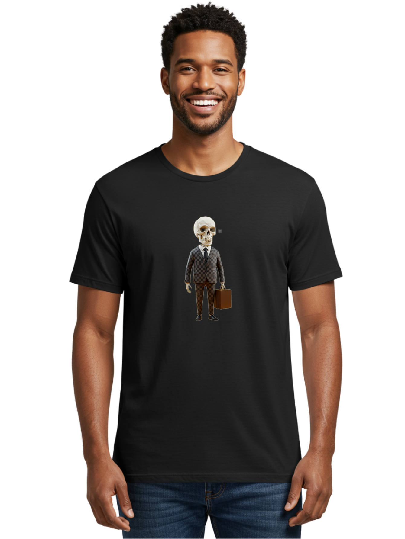 Skull-In-Suit-2 Men'S Graphic Tee, 100% Cotton, Comfortable Casual Summer Wear, Machine Washable, Skeleton In Business Attire, Checkered Suit, Briefcase, Black Tie, White Shirt, Formal Wear, Spooky Skeleton, Business Professional, Bad591