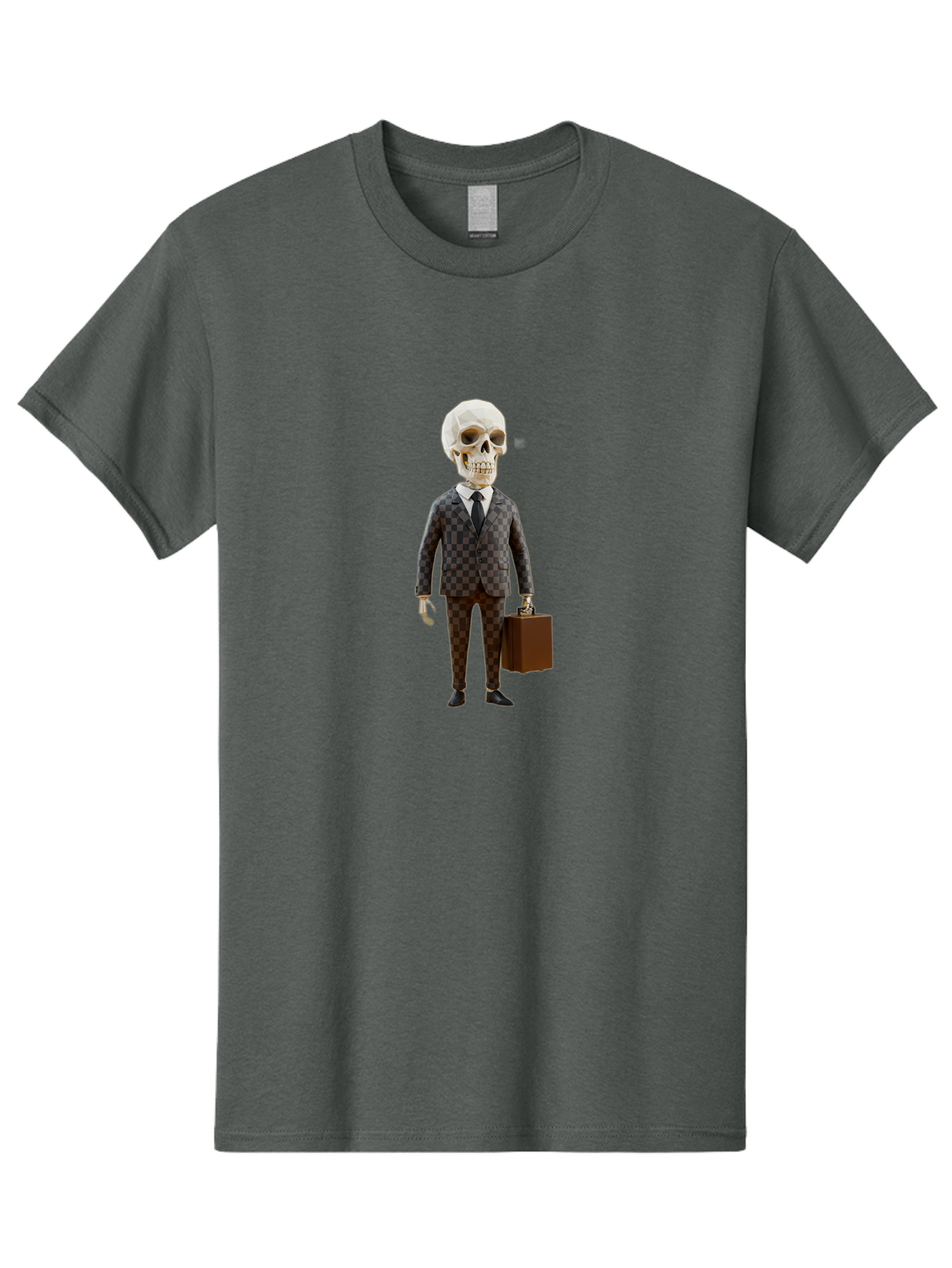 Skull-In-Suit-2 Men'S Graphic Tee, 100% Cotton, Comfortable Casual Summer Wear, Machine Washable, Skeleton In Business Attire, Checkered Suit, Briefcase, Black Tie, White Shirt, Formal Wear, Spooky Skeleton, Business Professional, Bad591