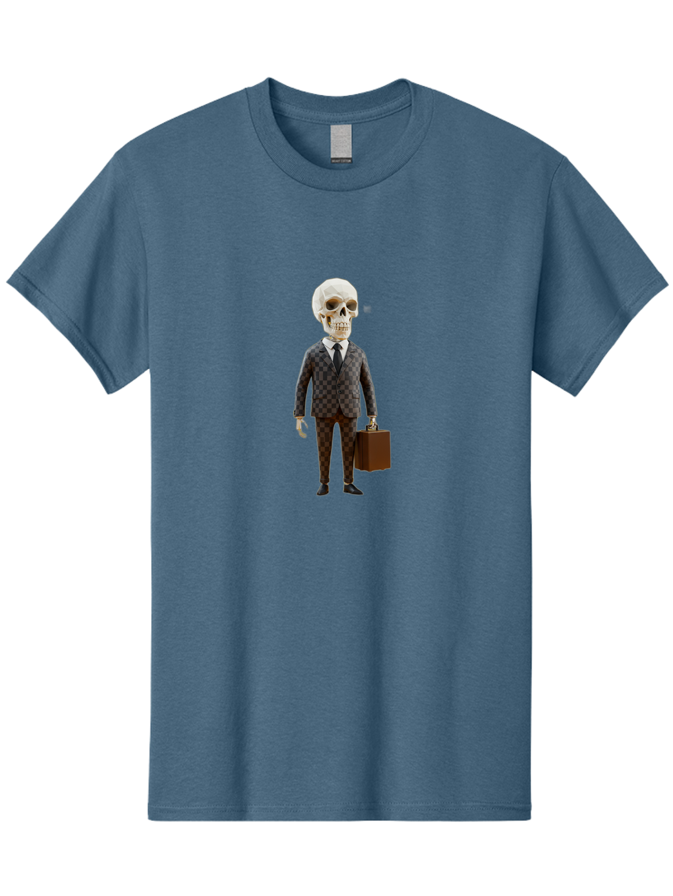 Skull-In-Suit-2 Men'S Graphic Tee, 100% Cotton, Comfortable Casual Summer Wear, Machine Washable, Skeleton In Business Attire, Checkered Suit, Briefcase, Black Tie, White Shirt, Formal Wear, Spooky Skeleton, Business Professional, Bad591