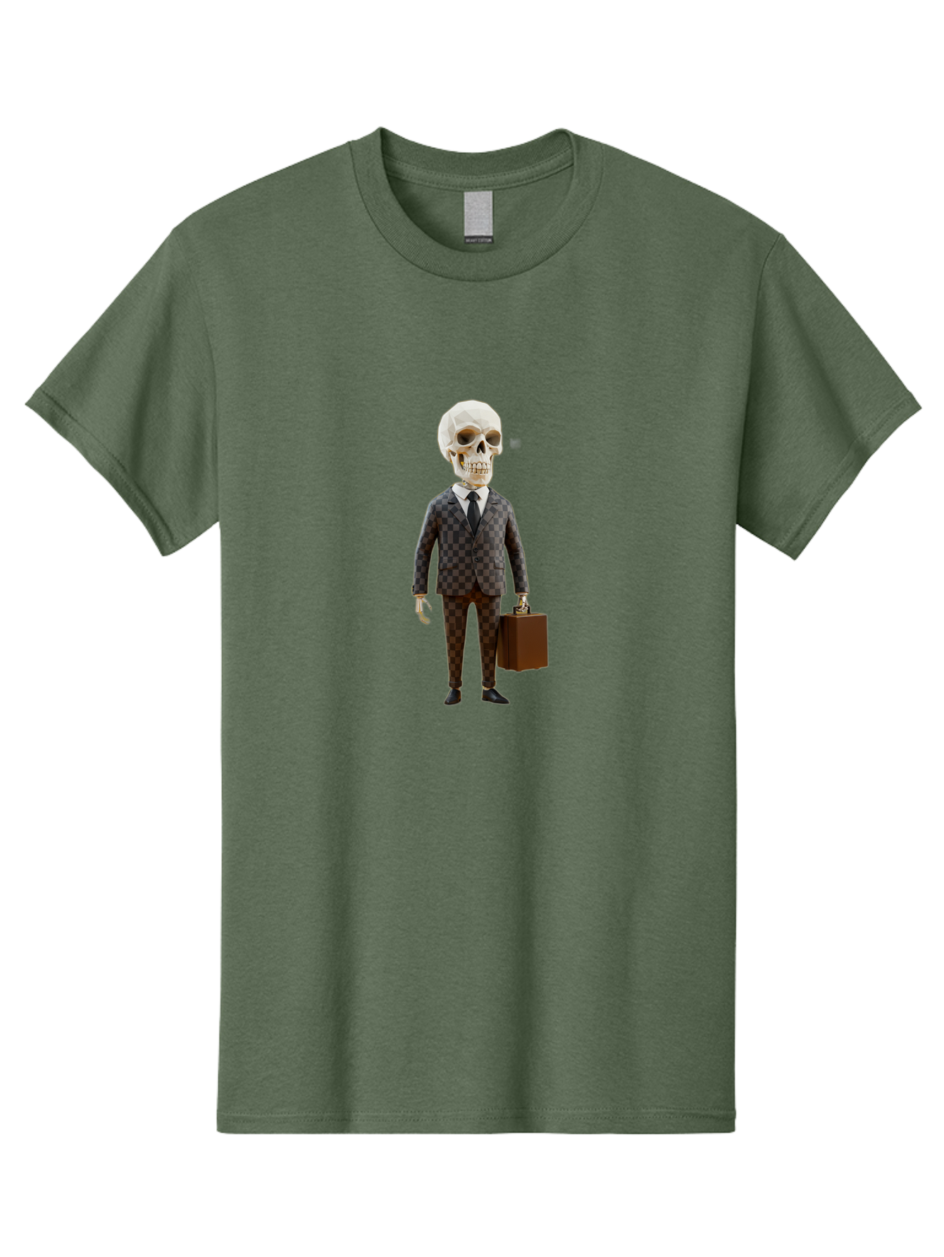 Skull-In-Suit-2 Men'S Graphic Tee, 100% Cotton, Comfortable Casual Summer Wear, Machine Washable, Skeleton In Business Attire, Checkered Suit, Briefcase, Black Tie, White Shirt, Formal Wear, Spooky Skeleton, Business Professional, Bad591
