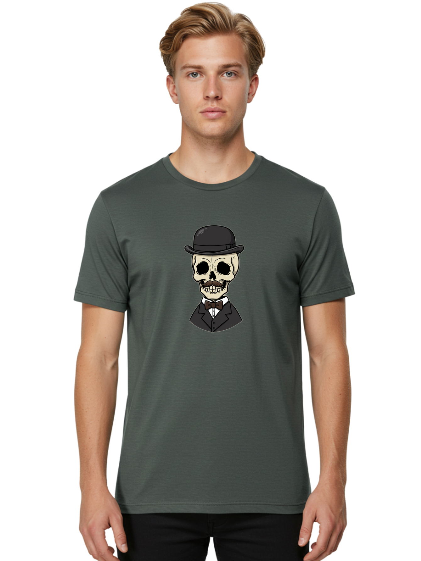 Skull-In-Suit Men'S Graphic Tee, 100% Cotton, Comfortable Casual Summer Wear, Machine Washable, Cartoon Skull, Bowler Hat, Black Suit, Bow Tie, White Shirt, Death Style, Gothic Fashion, Spooky Character, Halloween Theme, Skeleton Illustration, Bad592