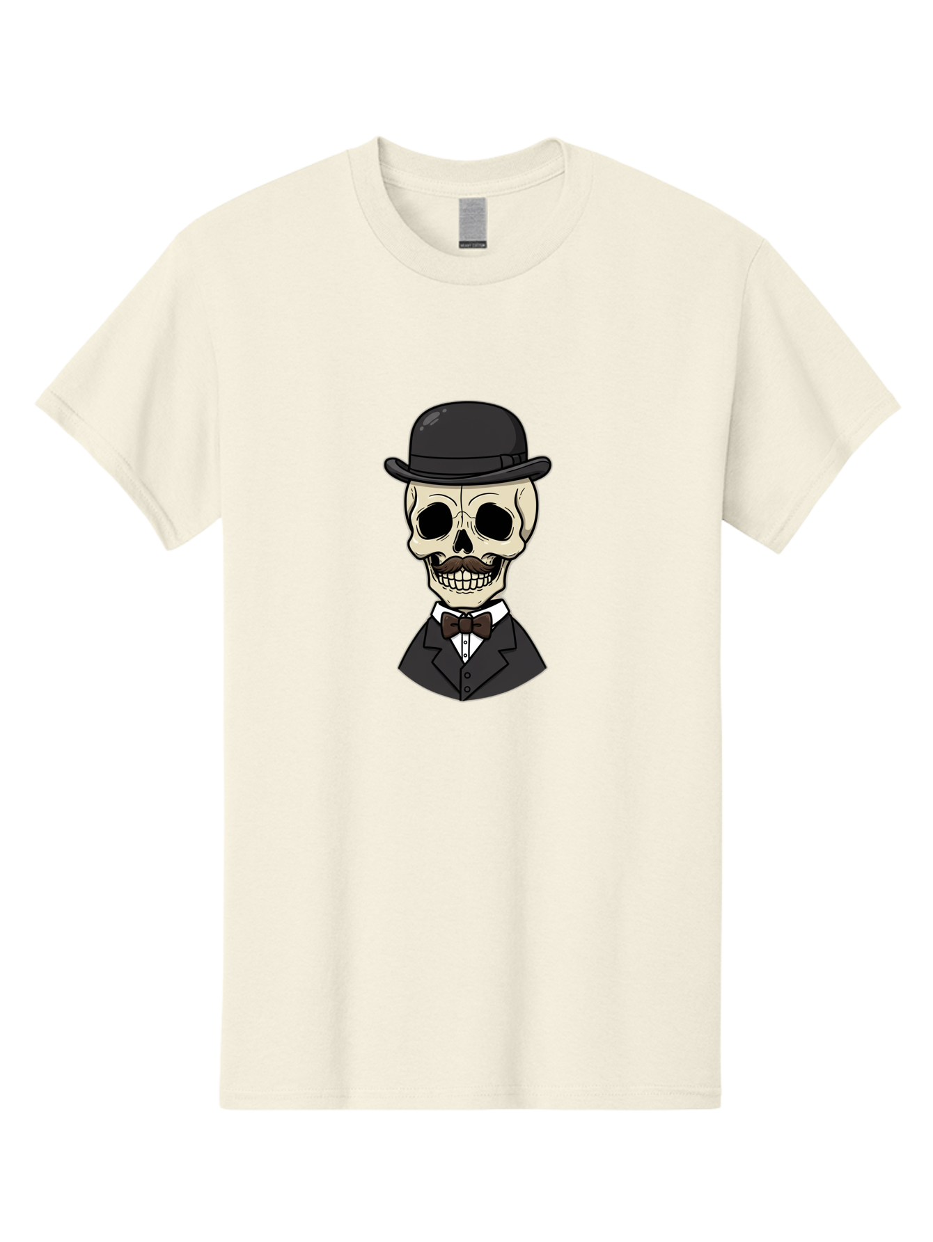 Skull-In-Suit Men'S Graphic Tee, 100% Cotton, Comfortable Casual Summer Wear, Machine Washable, Cartoon Skull, Bowler Hat, Black Suit, Bow Tie, White Shirt, Death Style, Gothic Fashion, Spooky Character, Halloween Theme, Skeleton Illustration, Bad592
