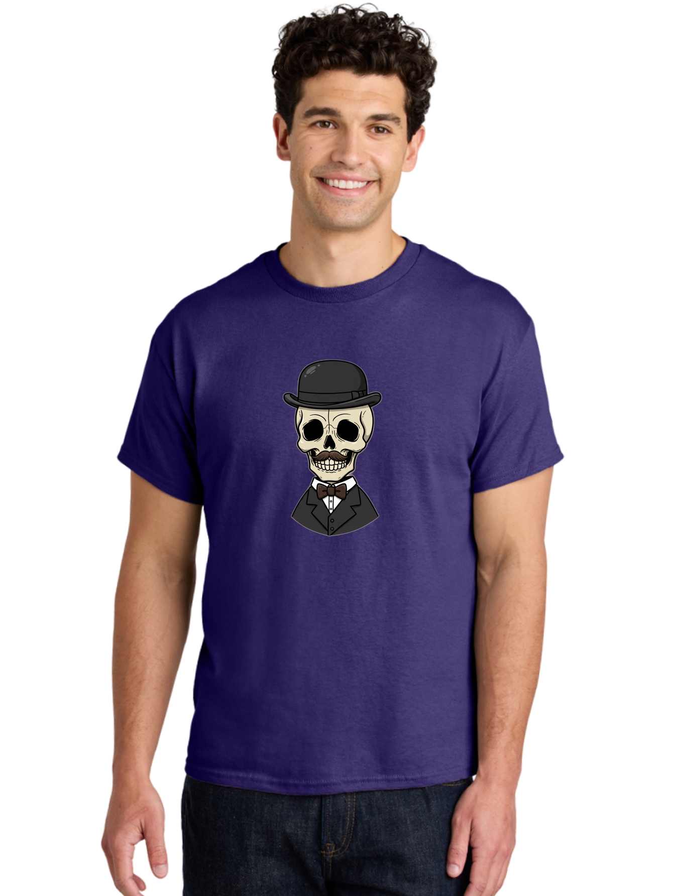 Skull-In-Suit Men'S Graphic Tee, 100% Cotton, Comfortable Casual Summer Wear, Machine Washable, Cartoon Skull, Bowler Hat, Black Suit, Bow Tie, White Shirt, Death Style, Gothic Fashion, Spooky Character, Halloween Theme, Skeleton Illustration, Bad592