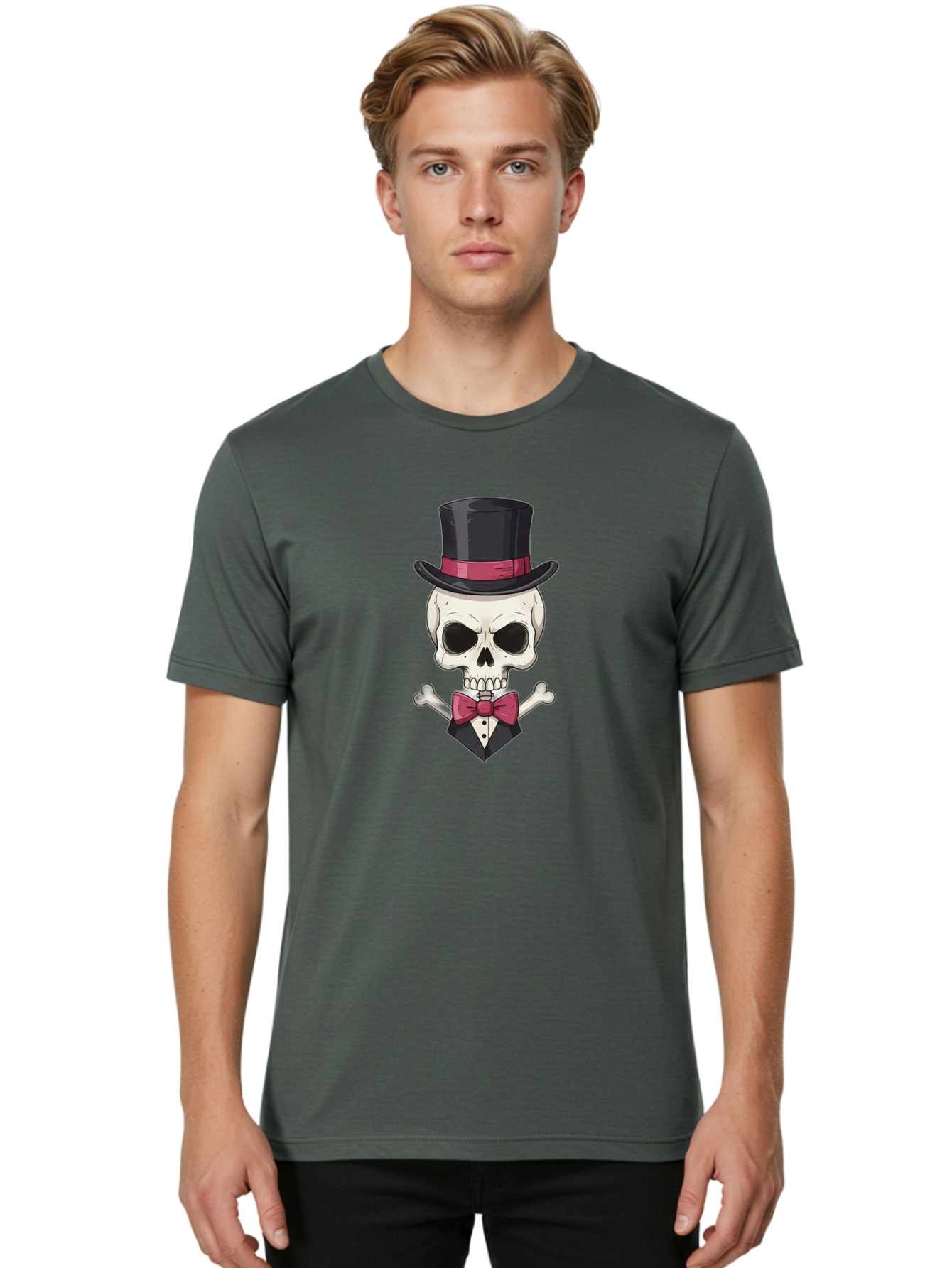Skull-In-Top-Hat Men'S Graphic Tee, 100% Cotton, Comfortable Casual Summer Wear, Machine Washable, Skull, Crossbones, Top Hat, Bow Tie, Tuxedo, Formal Attire, Spooky, Halloween, Gothic Style, Dark Elegance, Macabre Charm Bad593