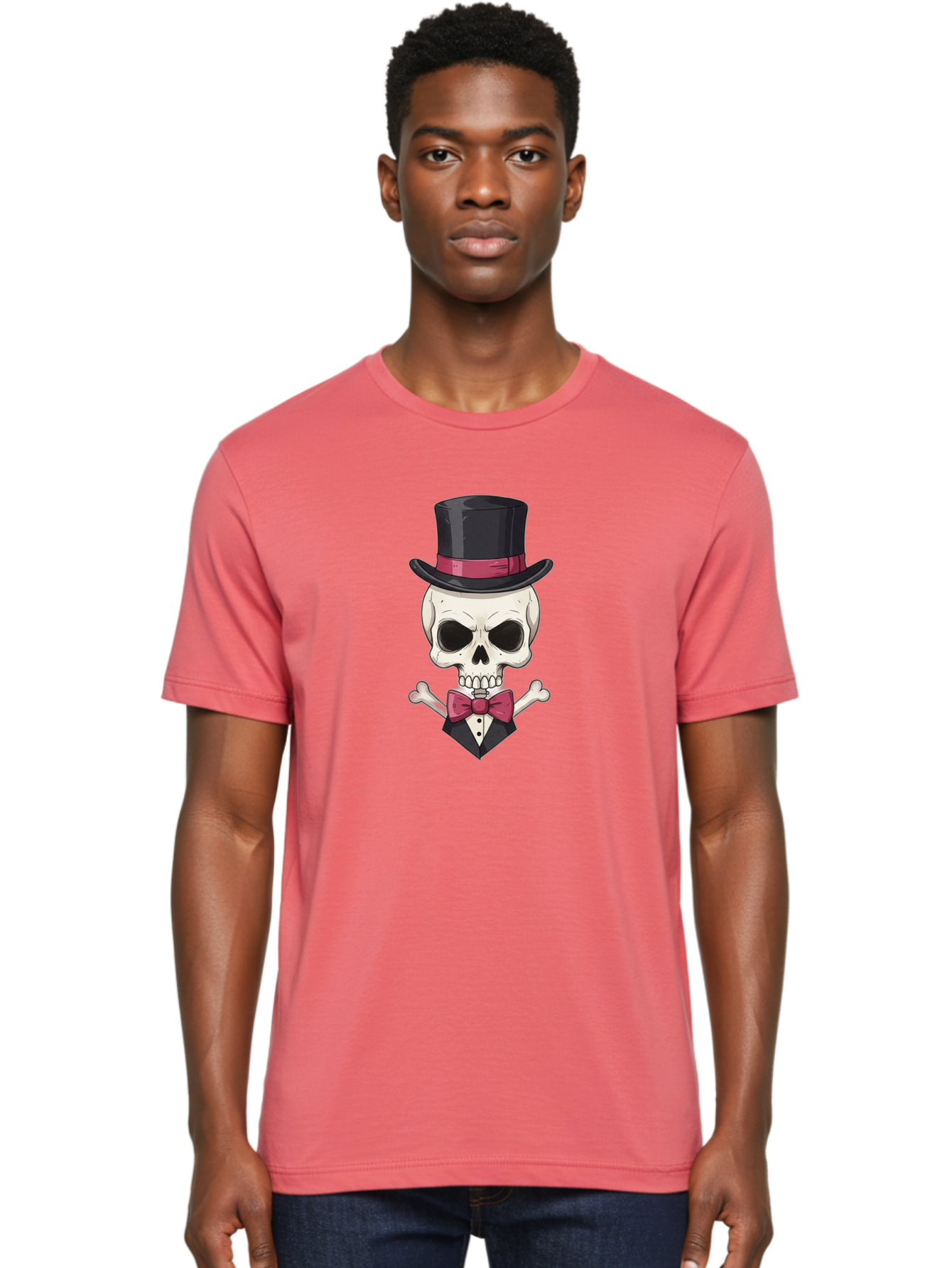 Skull-In-Top-Hat Men'S Graphic Tee, 100% Cotton, Comfortable Casual Summer Wear, Machine Washable, Skull, Crossbones, Top Hat, Bow Tie, Tuxedo, Formal Attire, Spooky, Halloween, Gothic Style, Dark Elegance, Macabre Charm Bad593