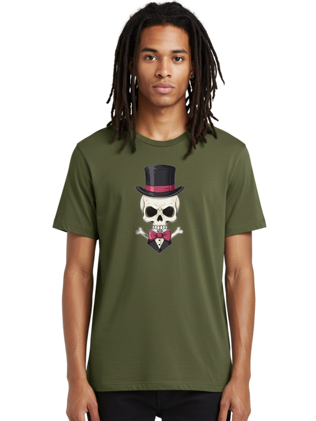 Skull-In-Top-Hat Men'S Graphic Tee, 100% Cotton, Comfortable Casual Summer Wear, Machine Washable, Skull, Crossbones, Top Hat, Bow Tie, Tuxedo, Formal Attire, Spooky, Halloween, Gothic Style, Dark Elegance, Macabre Charm Bad593