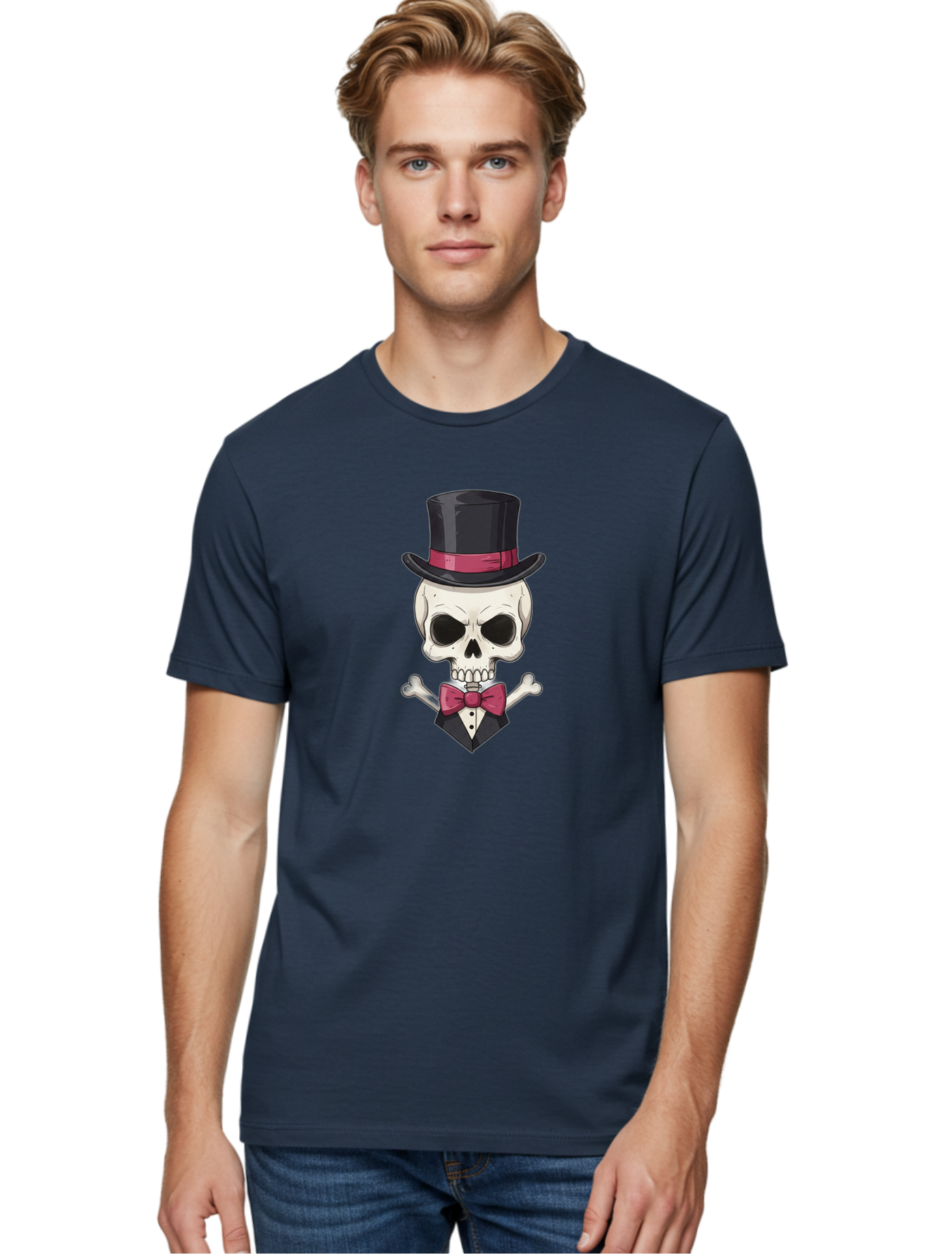 Skull-In-Top-Hat Men'S Graphic Tee, 100% Cotton, Comfortable Casual Summer Wear, Machine Washable, Skull, Crossbones, Top Hat, Bow Tie, Tuxedo, Formal Attire, Spooky, Halloween, Gothic Style, Dark Elegance, Macabre Charm Bad593