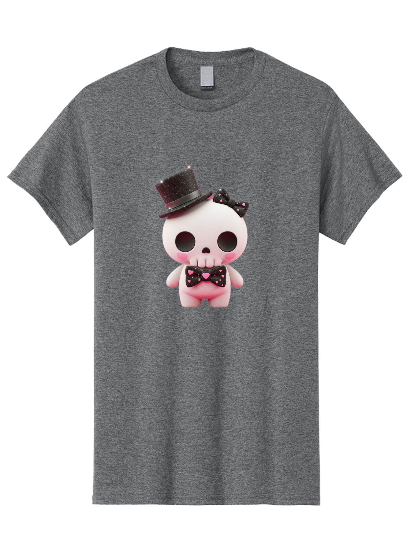 Skull-Kid Men'S Graphic Tee, 100% Cotton, Comfortable Casual Summer Wear, Machine Washable, Cute Skeleton Toy, Day Of The Dead Decoration, Sugar Skull Figurine, Black Top Hat, Bow Tie With Hearts, Pastel Colors, Quirky Collectible, Bad594
