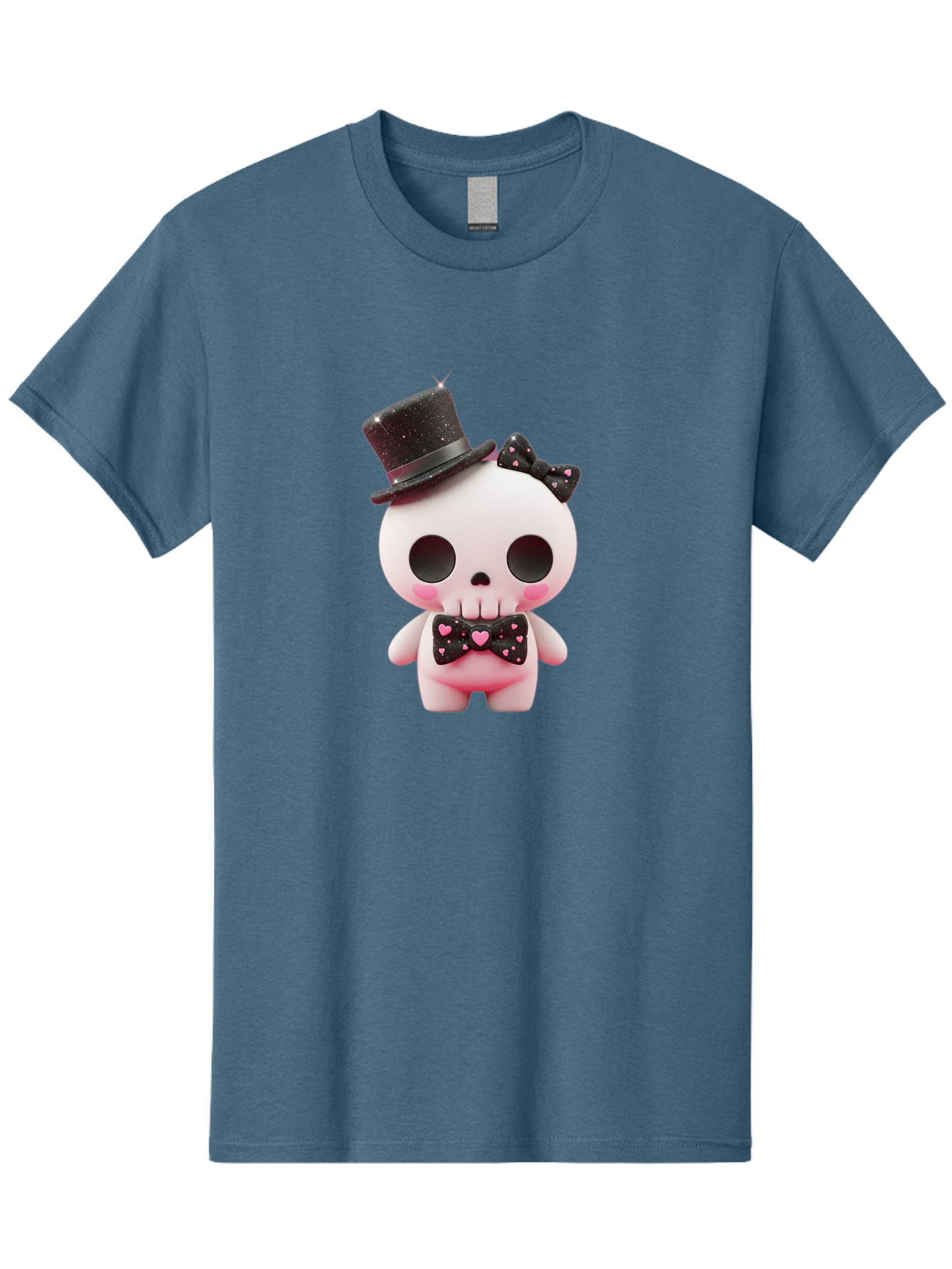 Skull-Kid Men'S Graphic Tee, 100% Cotton, Comfortable Casual Summer Wear, Machine Washable, Cute Skeleton Toy, Day Of The Dead Decoration, Sugar Skull Figurine, Black Top Hat, Bow Tie With Hearts, Pastel Colors, Quirky Collectible, Bad594