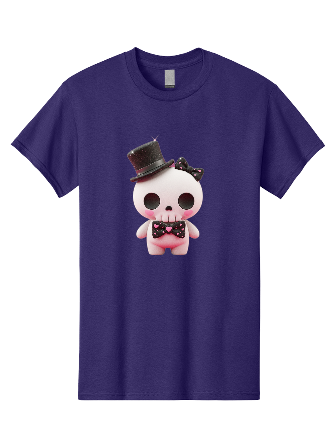 Skull-Kid Men'S Graphic Tee, 100% Cotton, Comfortable Casual Summer Wear, Machine Washable, Cute Skeleton Toy, Day Of The Dead Decoration, Sugar Skull Figurine, Black Top Hat, Bow Tie With Hearts, Pastel Colors, Quirky Collectible, Bad594