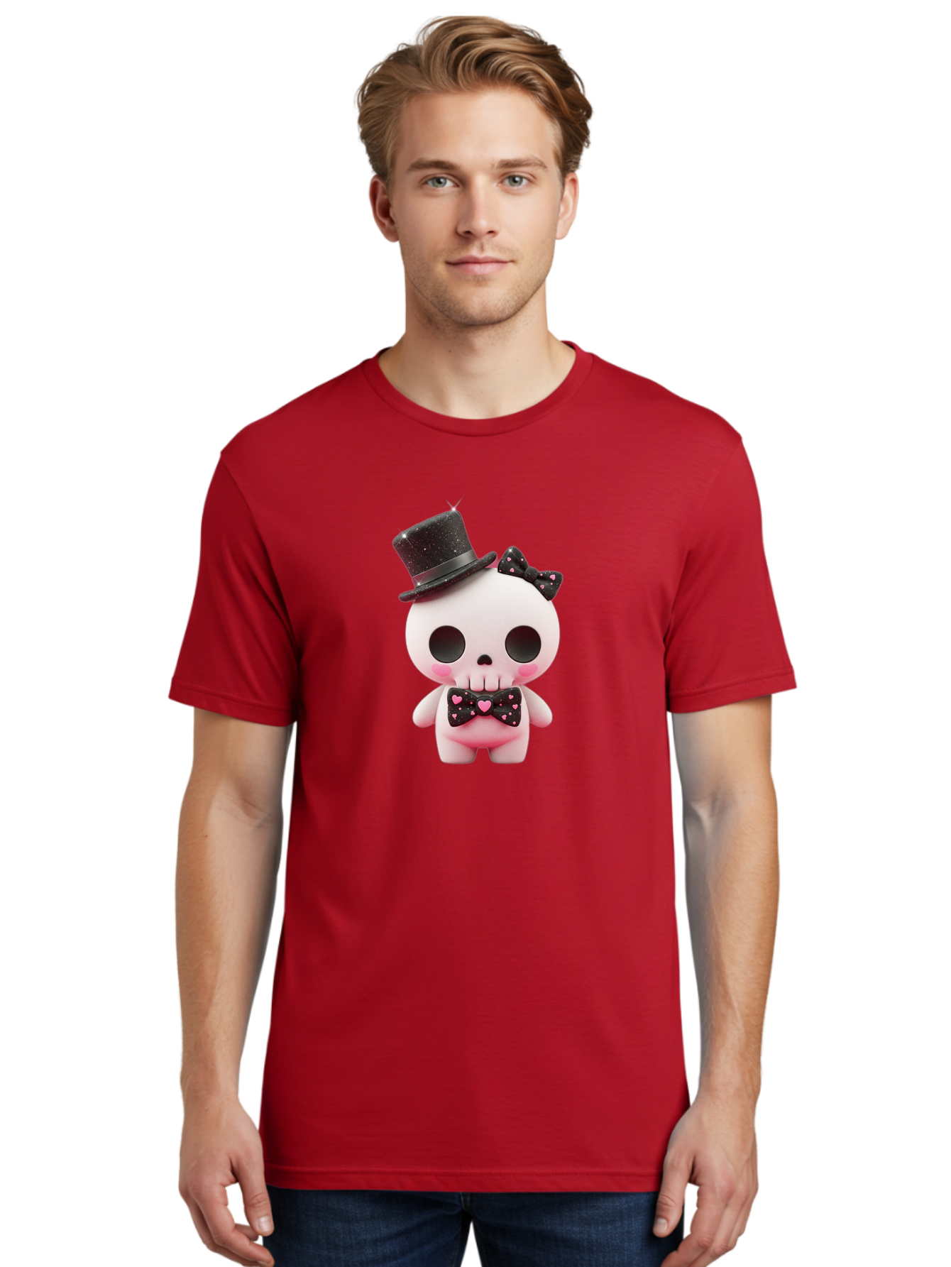 Skull-Kid Men'S Graphic Tee, 100% Cotton, Comfortable Casual Summer Wear, Machine Washable, Cute Skeleton Toy, Day Of The Dead Decoration, Sugar Skull Figurine, Black Top Hat, Bow Tie With Hearts, Pastel Colors, Quirky Collectible, Bad594