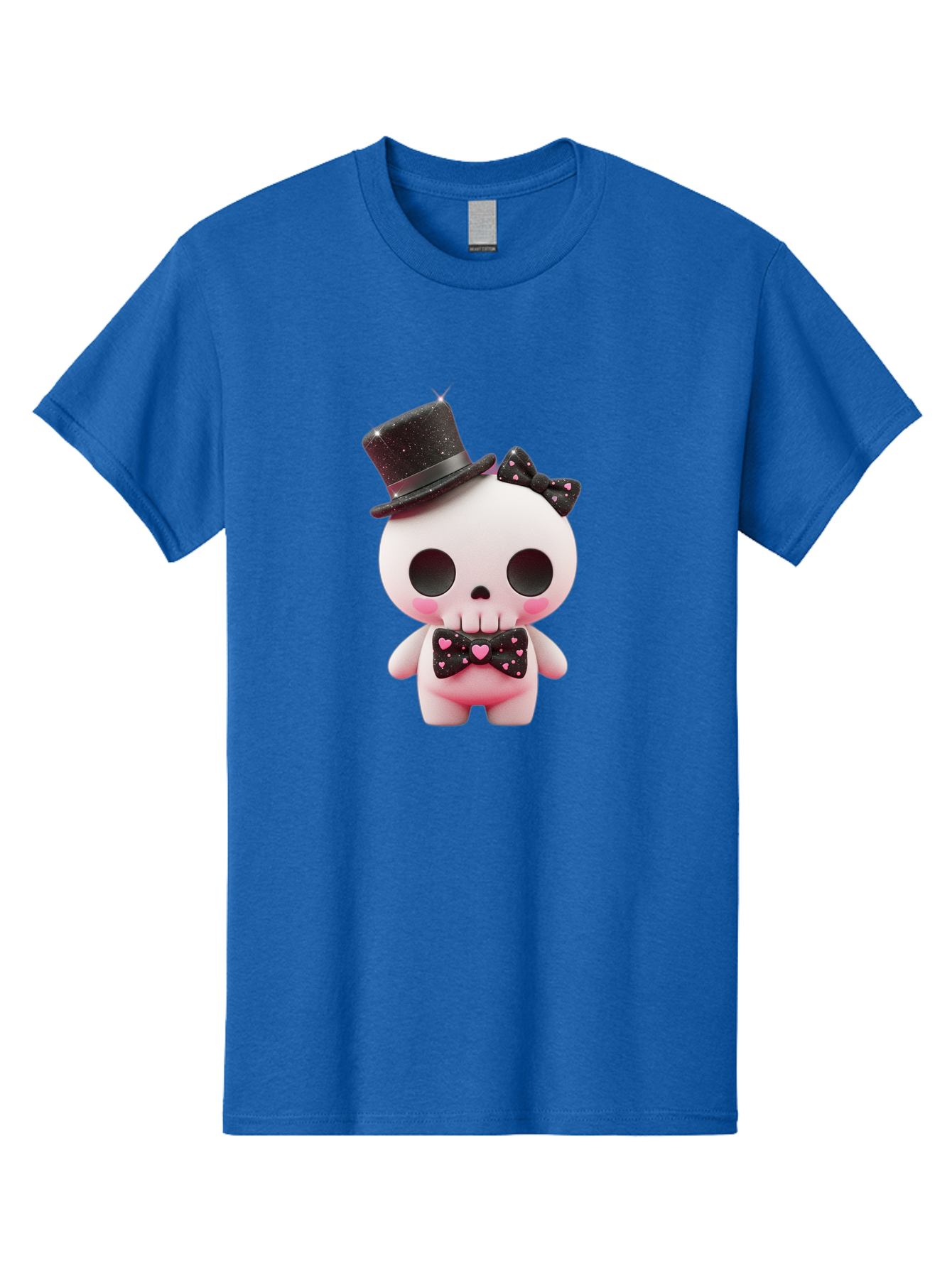 Skull-Kid Men'S Graphic Tee, 100% Cotton, Comfortable Casual Summer Wear, Machine Washable, Cute Skeleton Toy, Day Of The Dead Decoration, Sugar Skull Figurine, Black Top Hat, Bow Tie With Hearts, Pastel Colors, Quirky Collectible, Bad594
