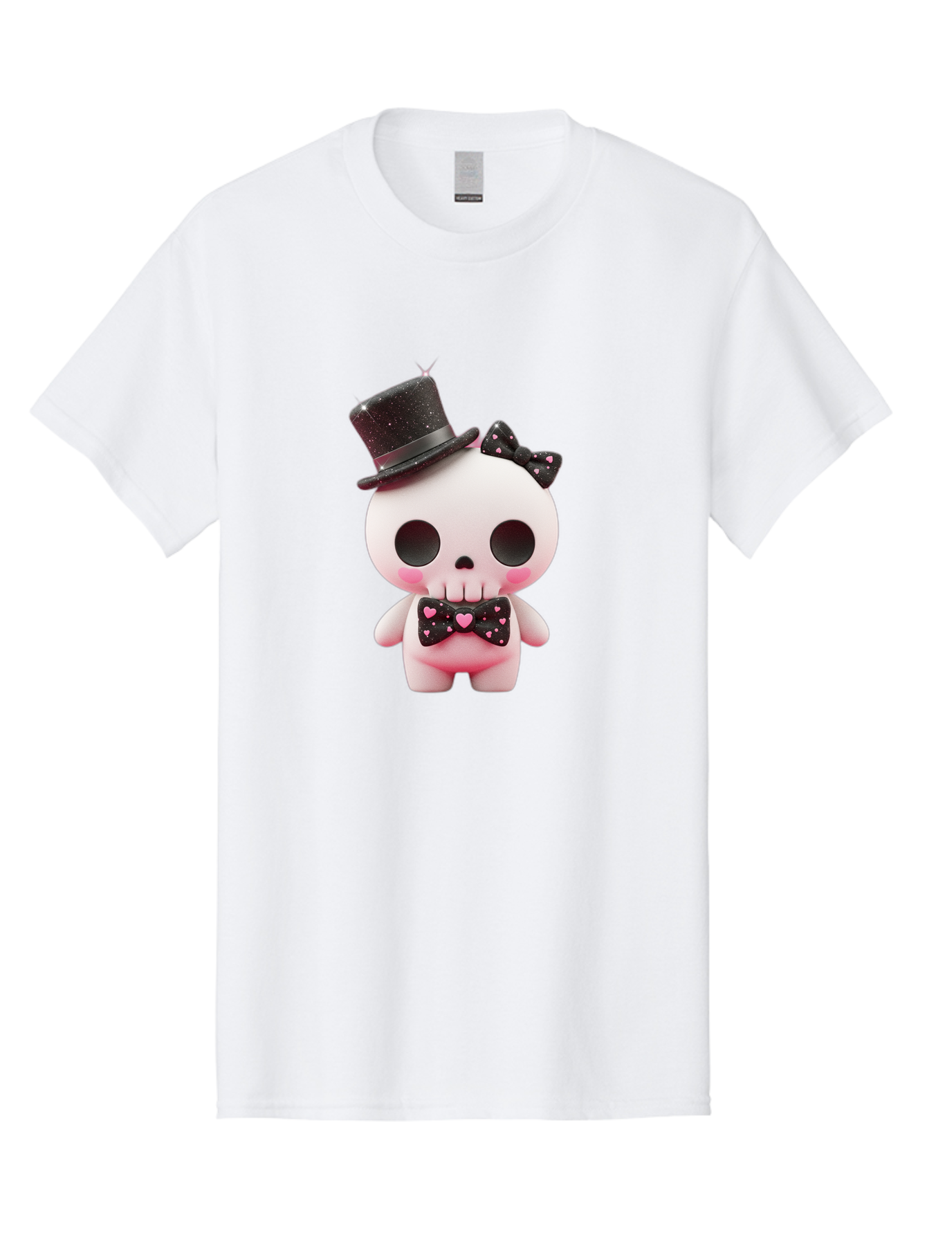 Skull-Kid Men'S Graphic Tee, 100% Cotton, Comfortable Casual Summer Wear, Machine Washable, Cute Skeleton Toy, Day Of The Dead Decoration, Sugar Skull Figurine, Black Top Hat, Bow Tie With Hearts, Pastel Colors, Quirky Collectible, Bad594